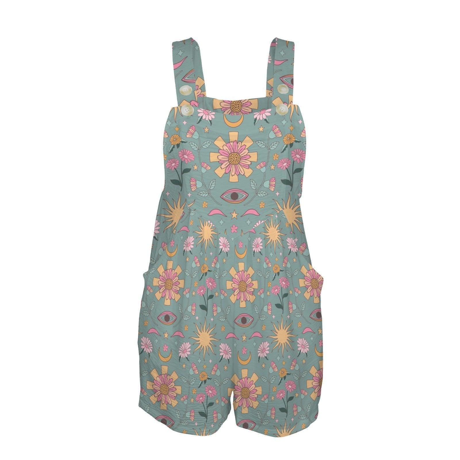 Celestial Boho Romper for Women, Evil Eye Floral Sun Moon Beach Playsuit