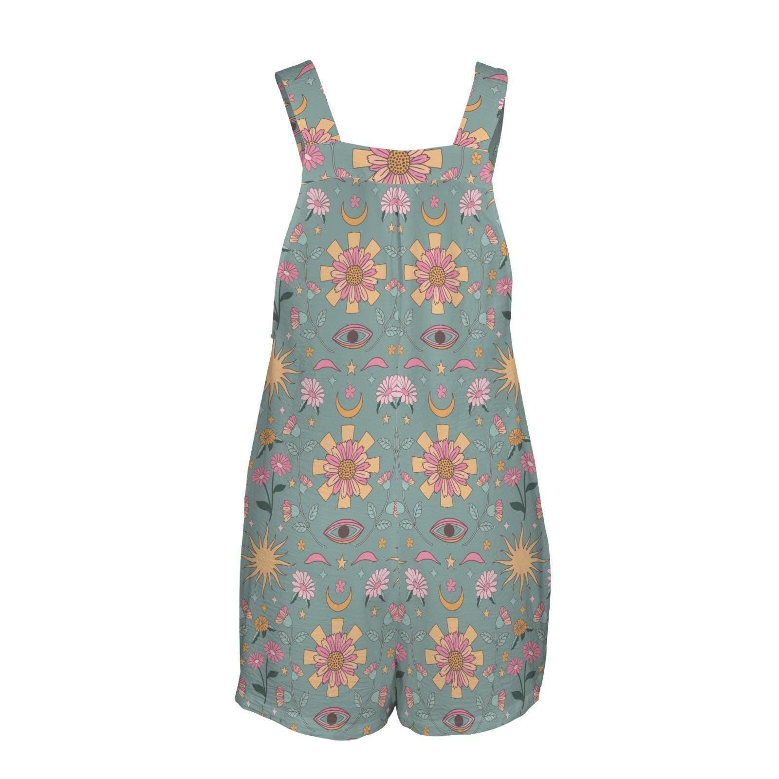 Celestial Boho Romper for Women, Evil Eye Floral Sun Moon Beach Playsuit