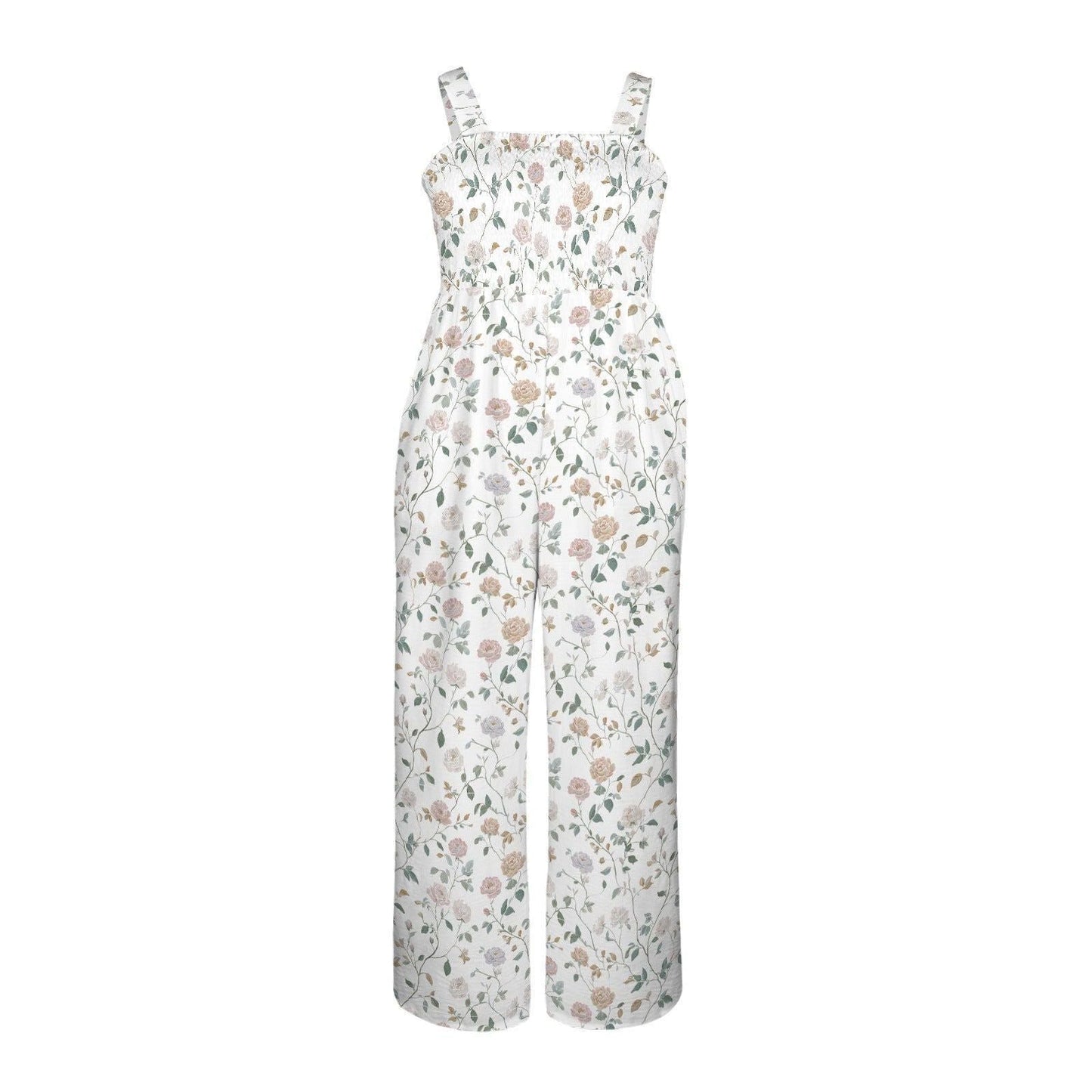 Neutral floral wide leg jumpsuit, vintage botanical garden party outfit, romantic rose vine print