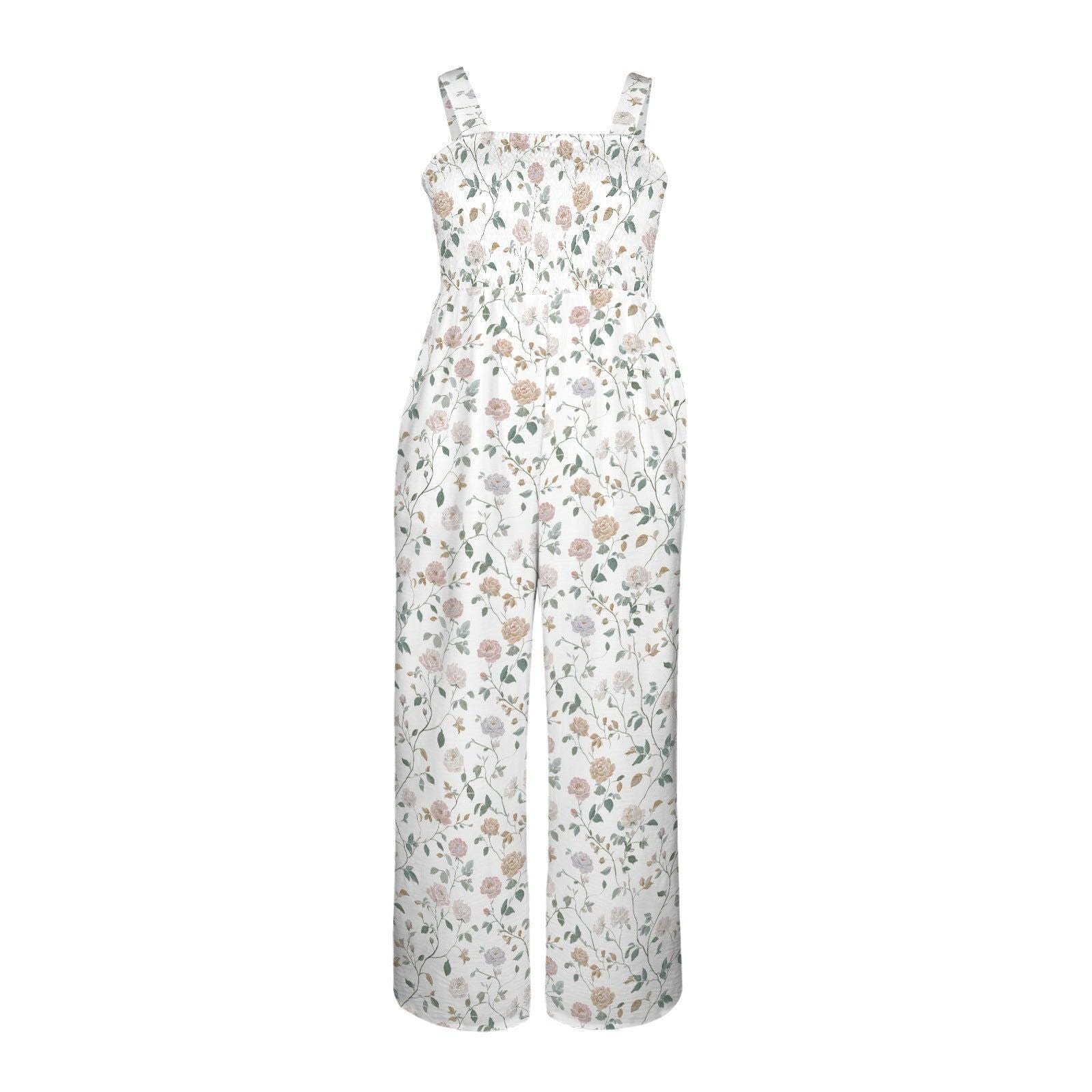 Neutral floral wide leg jumpsuit, vintage botanical garden party outfit, romantic rose vine print