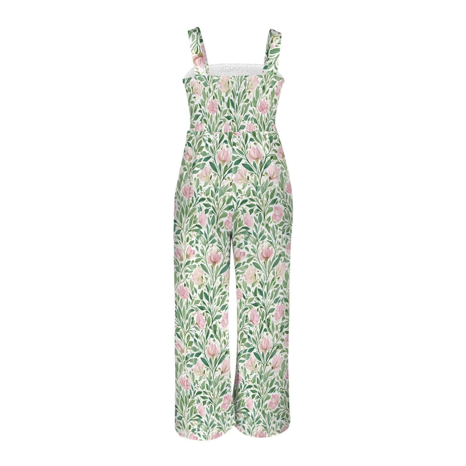 Pink Botanical Wide Leg Jumpsuit, Green Leaf Floral Romper, Garden Resort Outfit