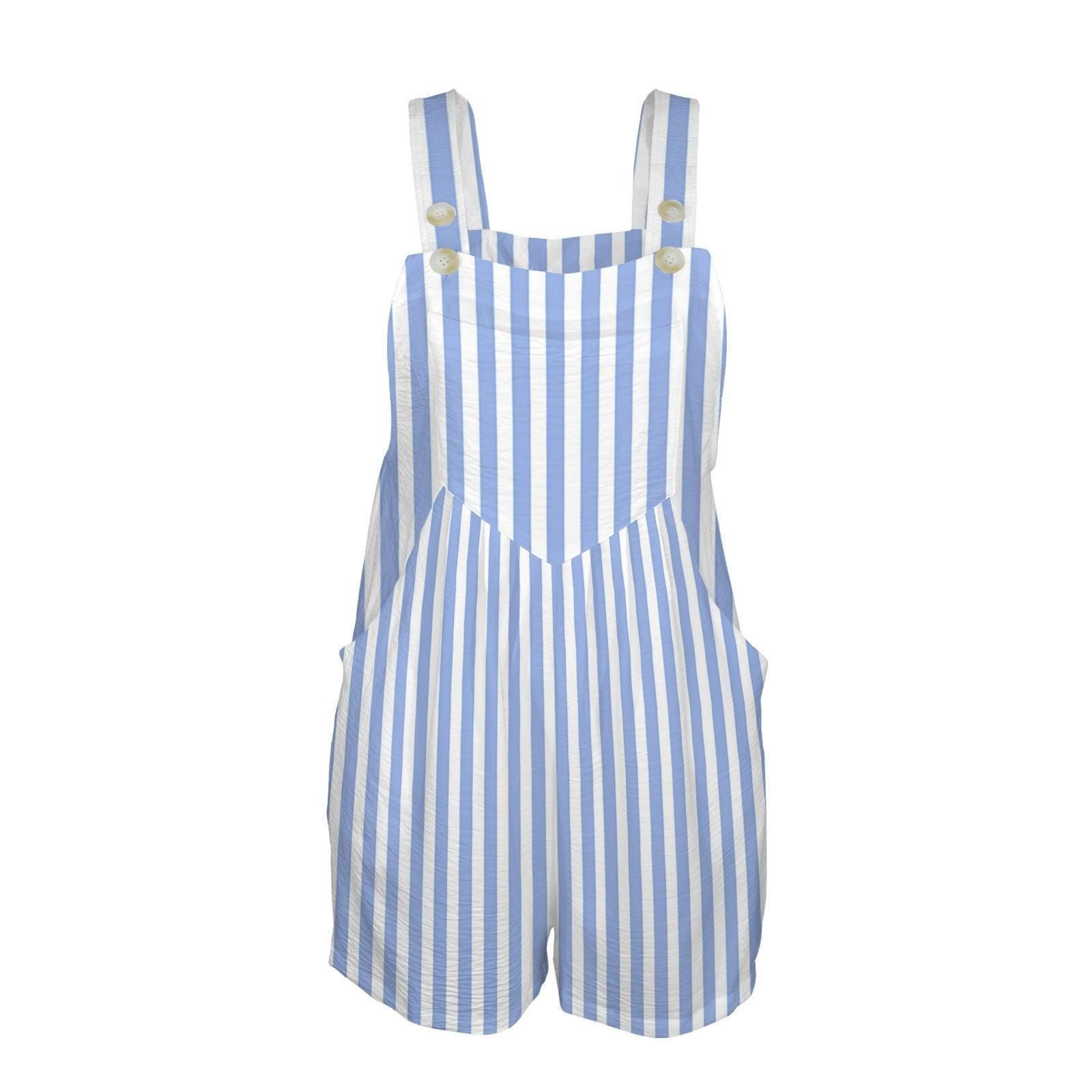 Striped Shortalls Romper, Coastal Beach Outfit, Blue White Summer Overalls