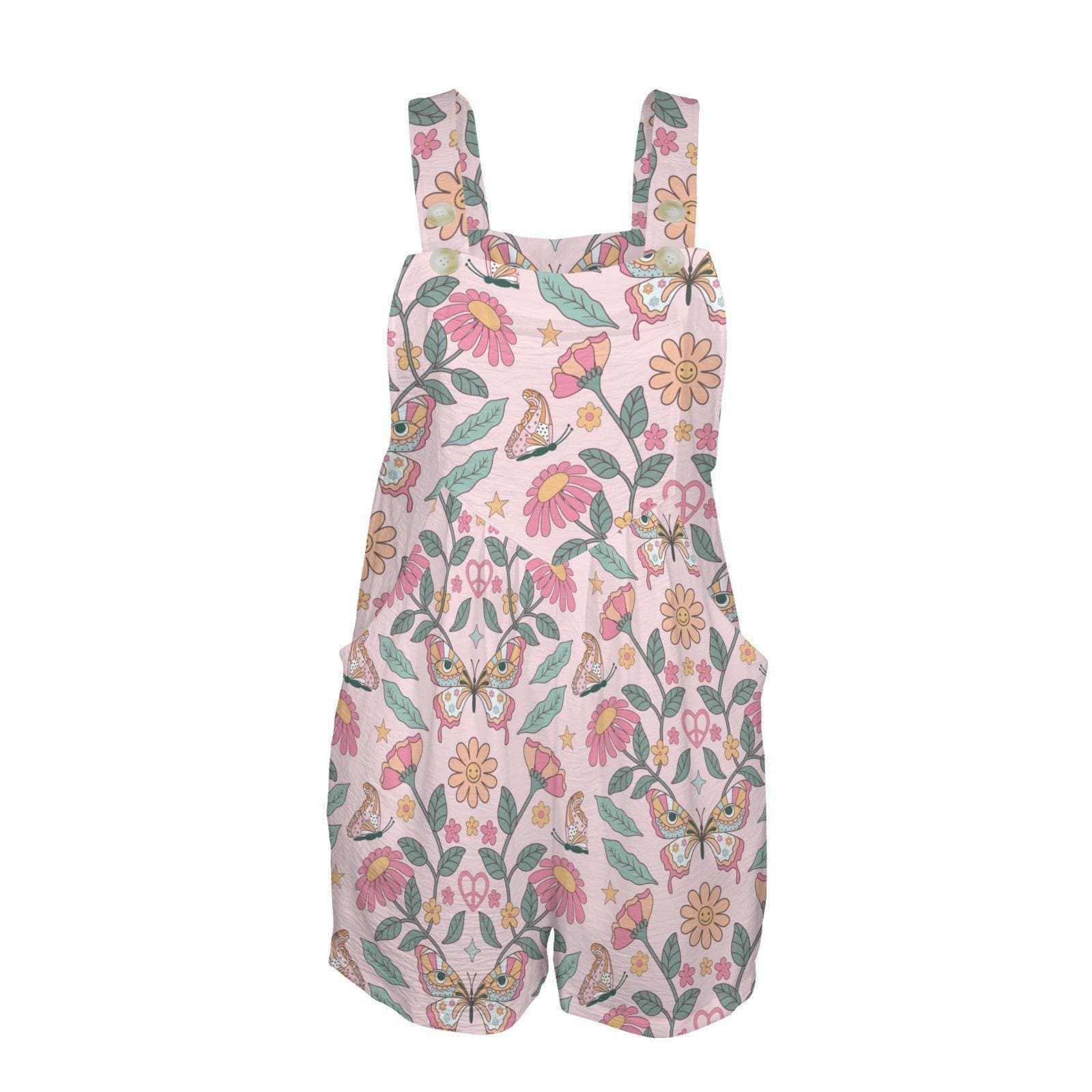 Butterfly Floral Shortalls, Pastel Garden Romper for Women, Boho Spring One Piece