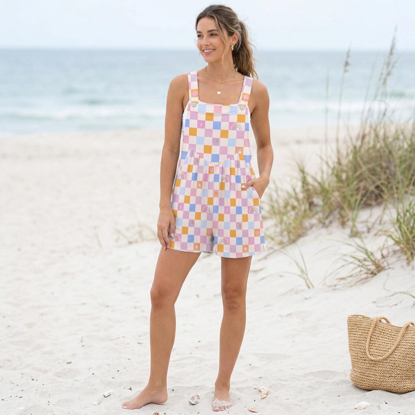 Pastel Checkerboard Shortalls, Womens Bib Romper, Retro Beach Vacation Outfit
