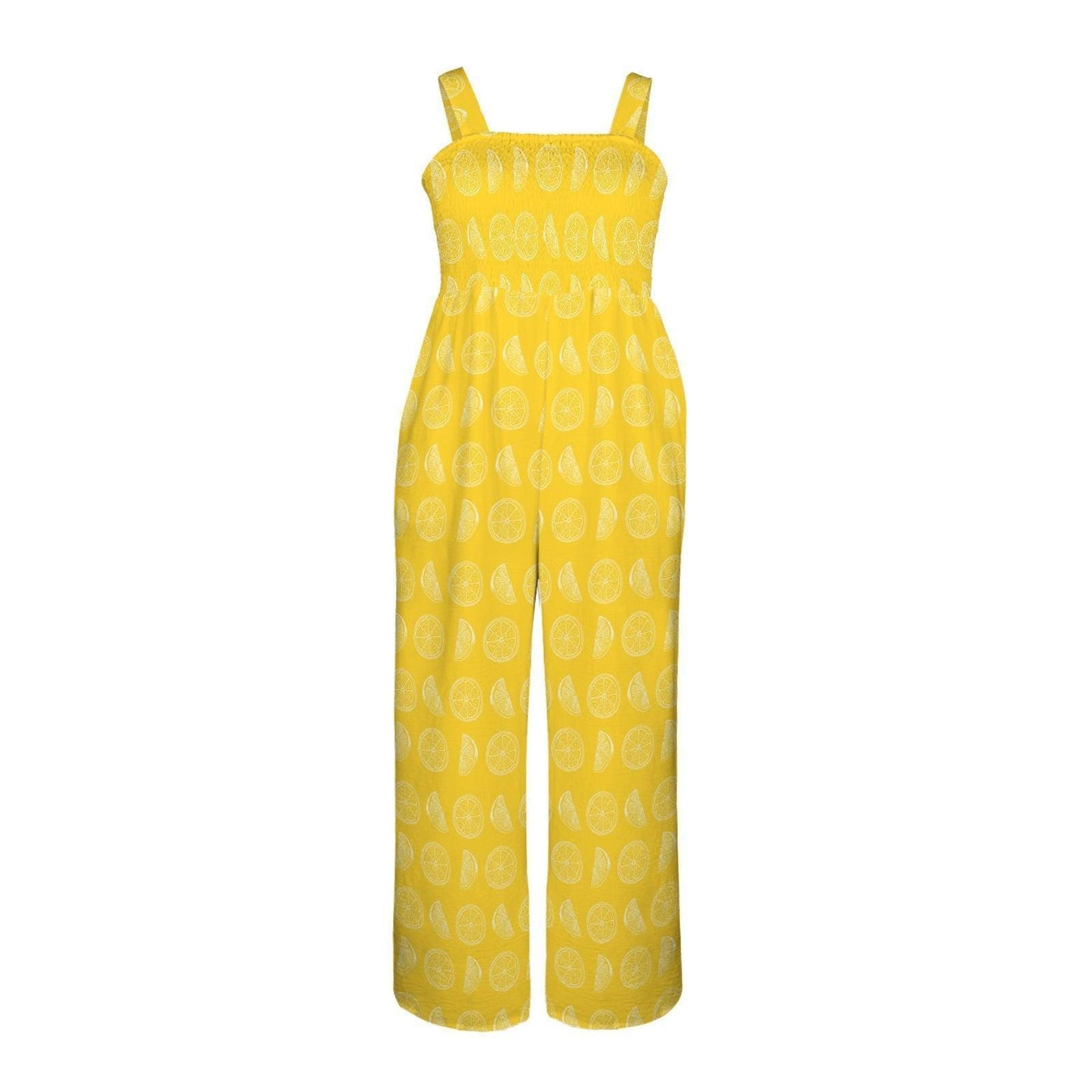 Lemon Print Jumpsuit, Sleeveless Wide Leg Resort Wear