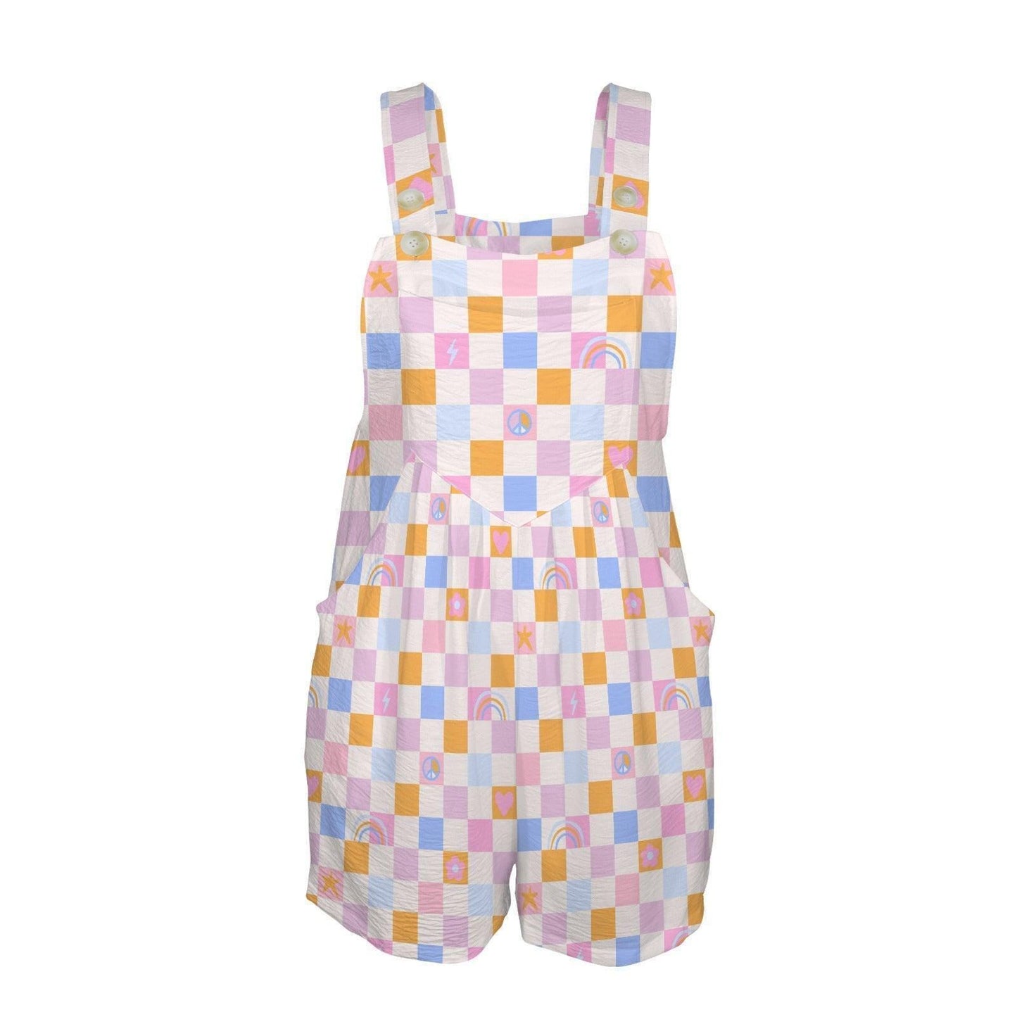 Pastel Checkerboard Shortalls, Womens Bib Romper, Retro Beach Vacation Outfit