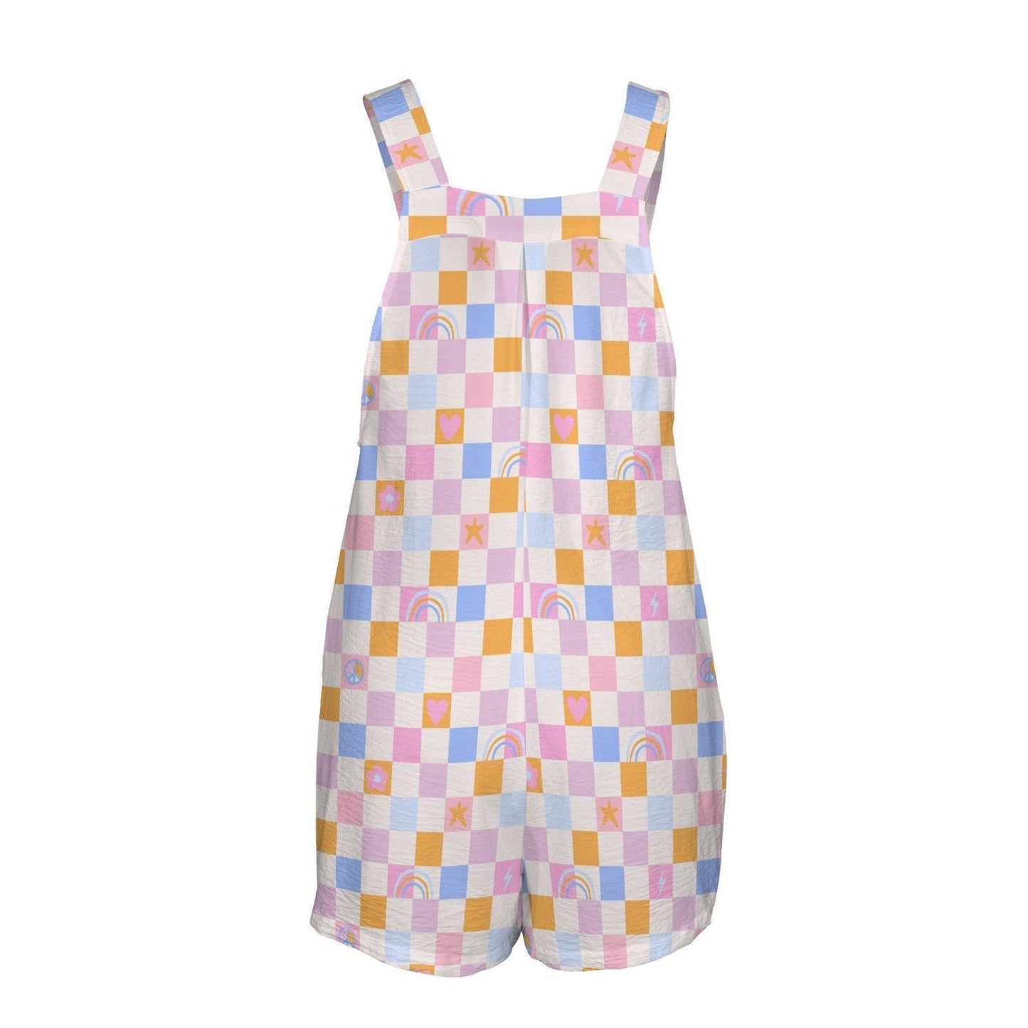 Pastel Checkerboard Shortalls, Womens Bib Romper, Retro Beach Vacation Outfit