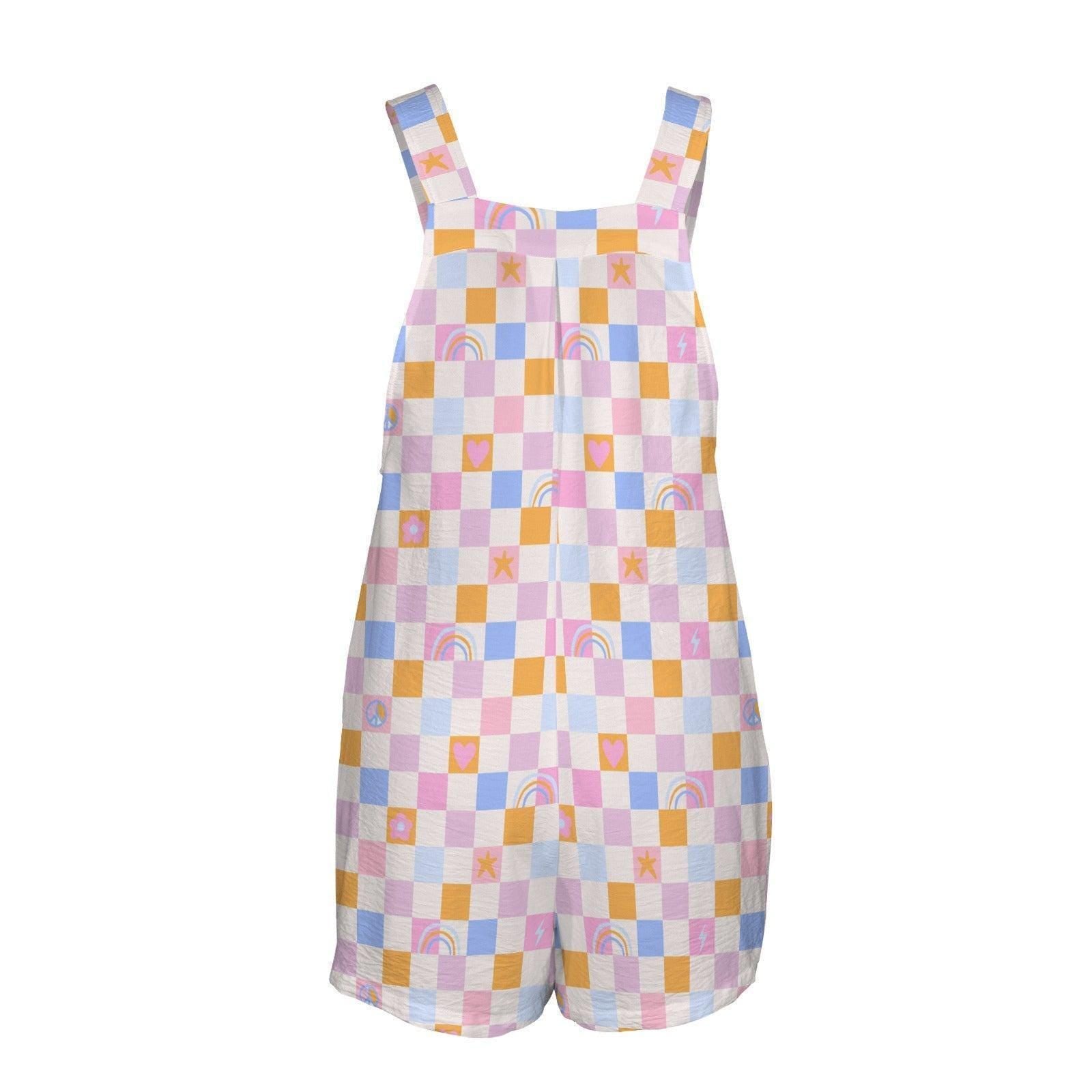 Pastel Checkerboard Shortalls, Womens Bib Romper, Retro Beach Vacation Outfit