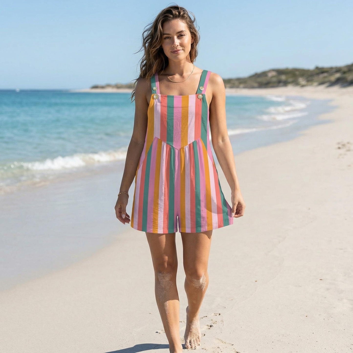 Striped Shortalls for Women, Rainbow Overall Romper, Coastal Summer Playsuit
