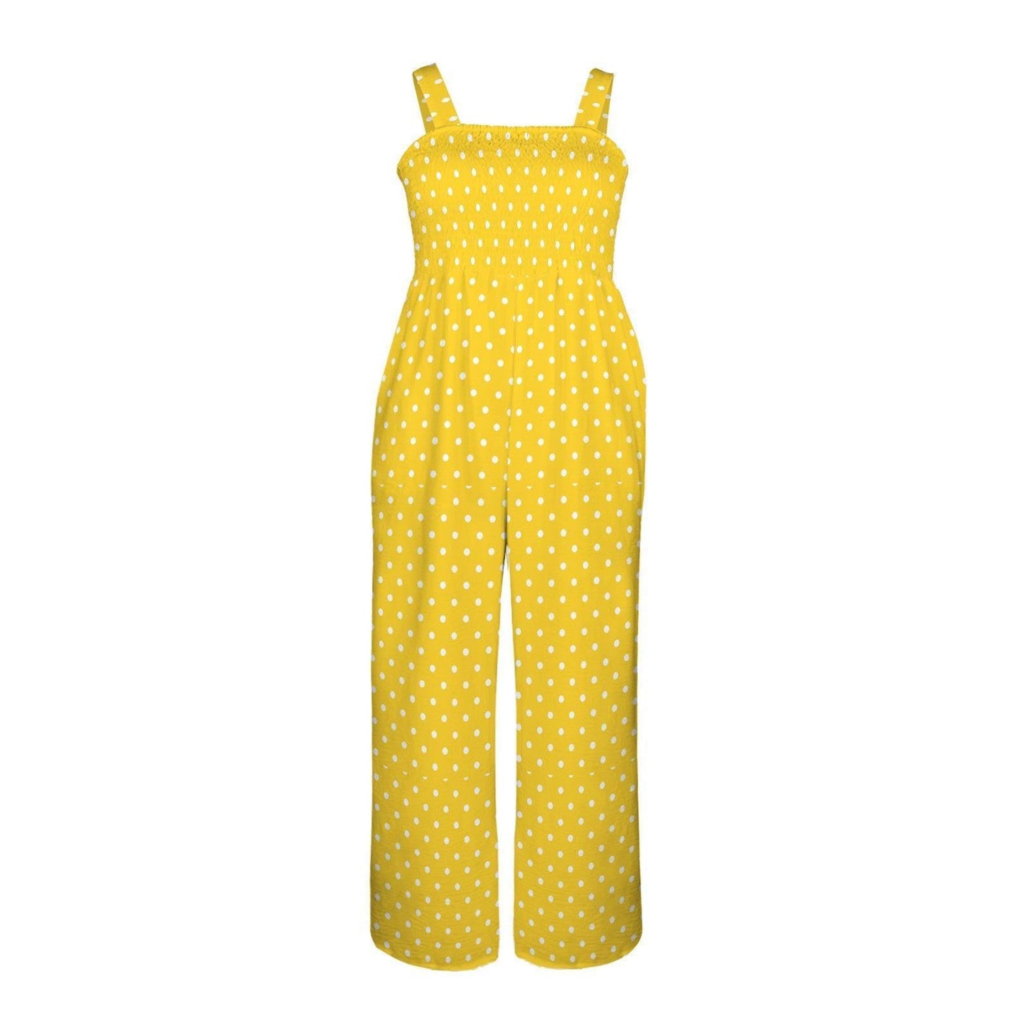 Yellow Polka Dot Wide Leg Jumpsuit, Retro Summer Vacation Romper, Bright Daywear, Vintage Pin Up Style