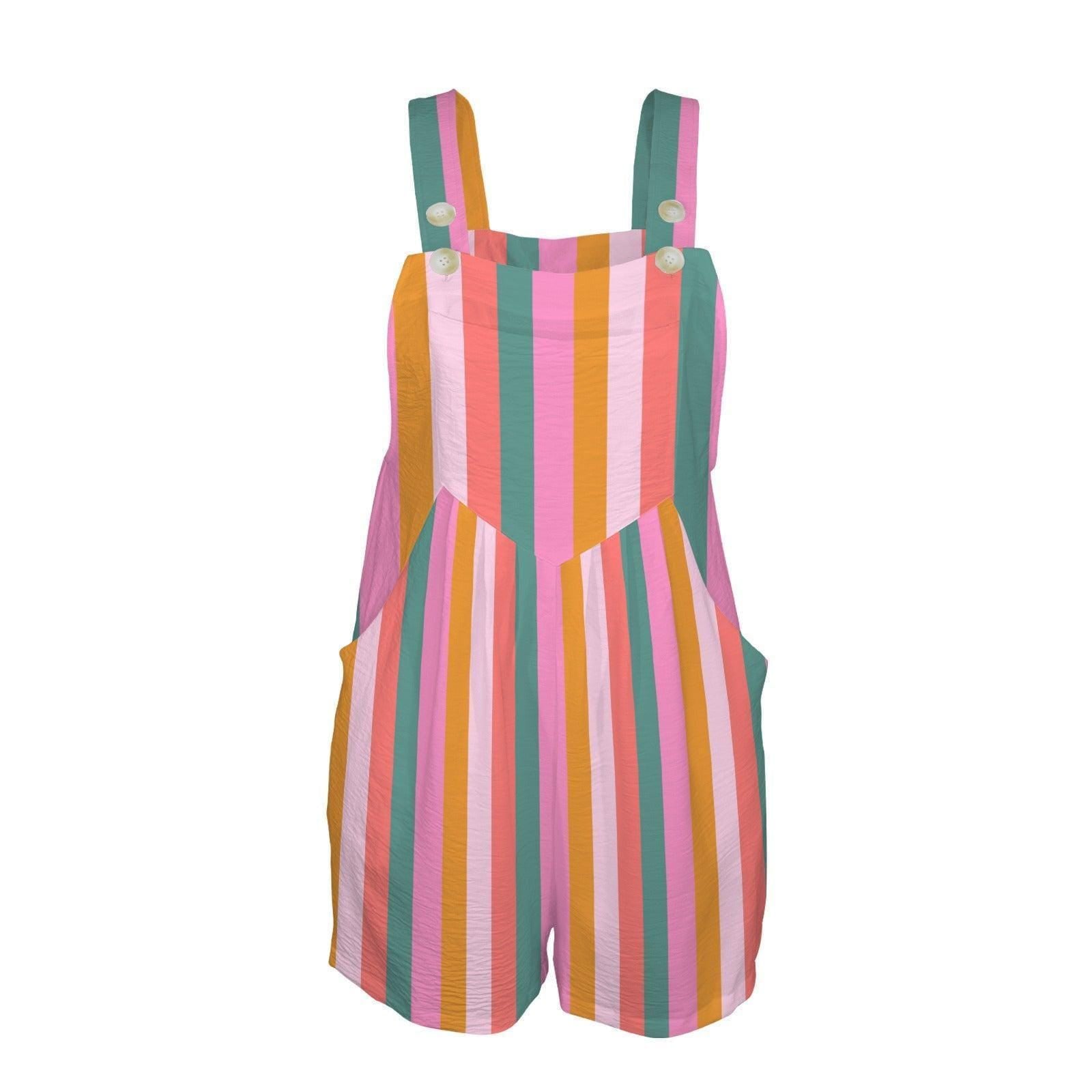 Striped Shortalls for Women, Rainbow Overall Romper, Coastal Summer Playsuit