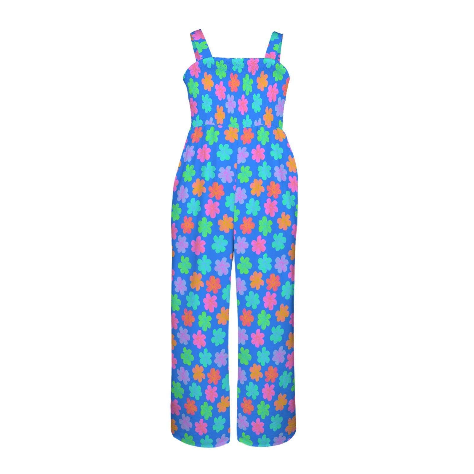 Retro Flower Jumpsuit, Wide Leg Palazzo Outfit, Colorful Beach Vacation Wear