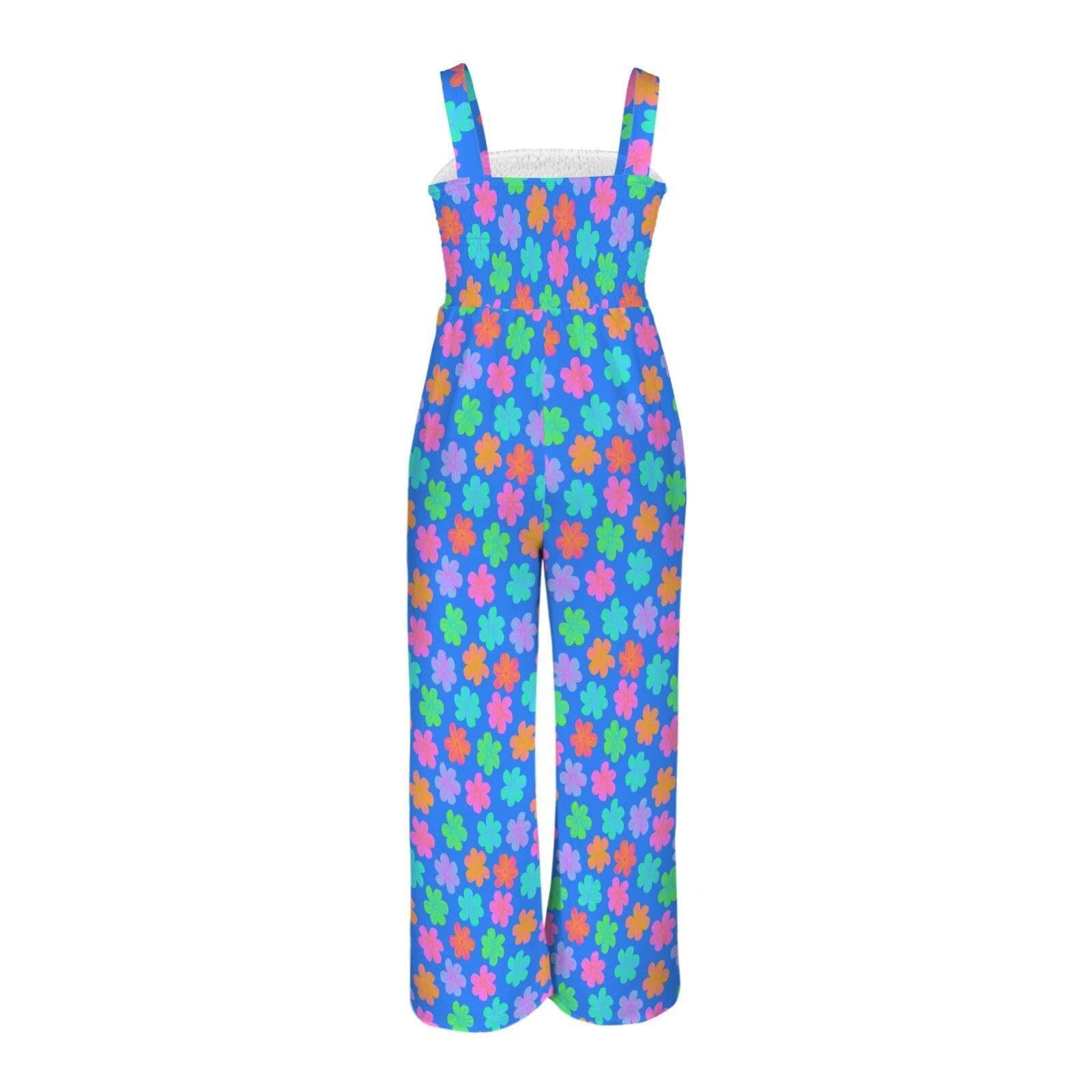 Retro Flower Jumpsuit, Wide Leg Palazzo Outfit, Colorful Beach Vacation Wear