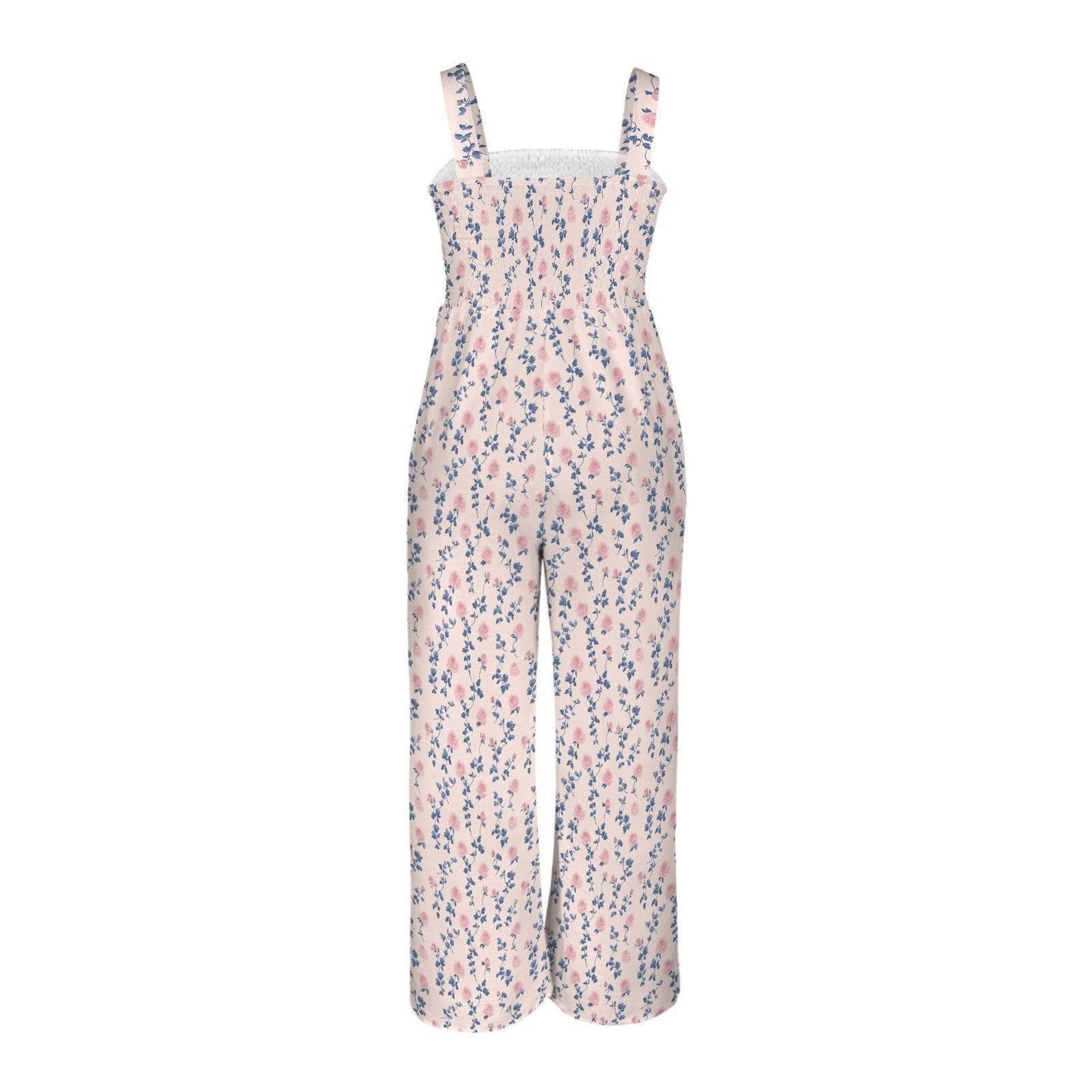 Ditsy Floral Wide Leg Jumpsuit, Pink Blue Rosebud Vine Print, Romantic Summer Outfit