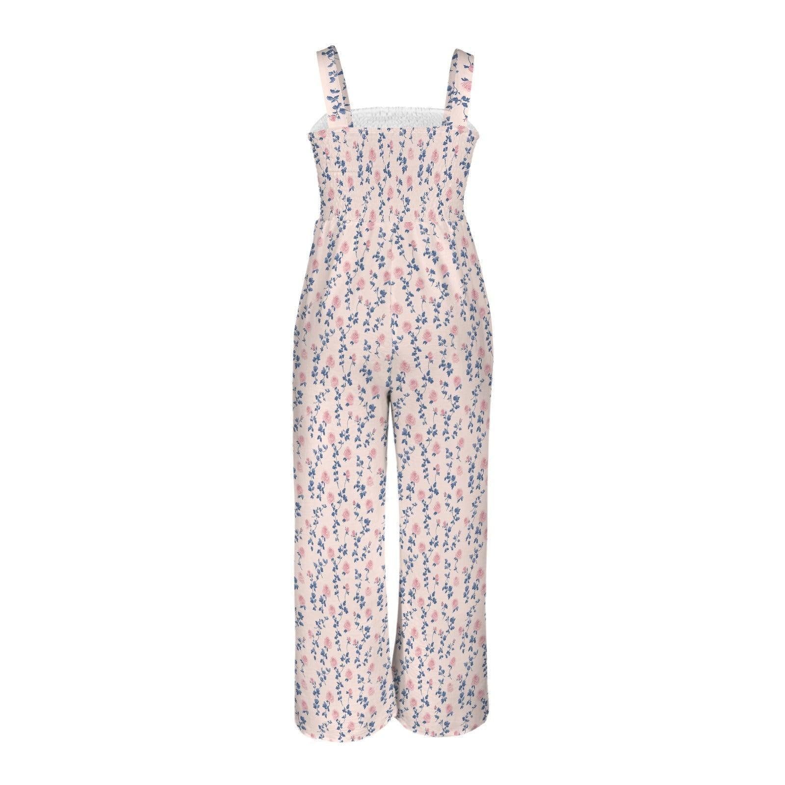 Ditsy Floral Wide Leg Jumpsuit, Pink Blue Rosebud Vine Print, Romantic Summer Outfit