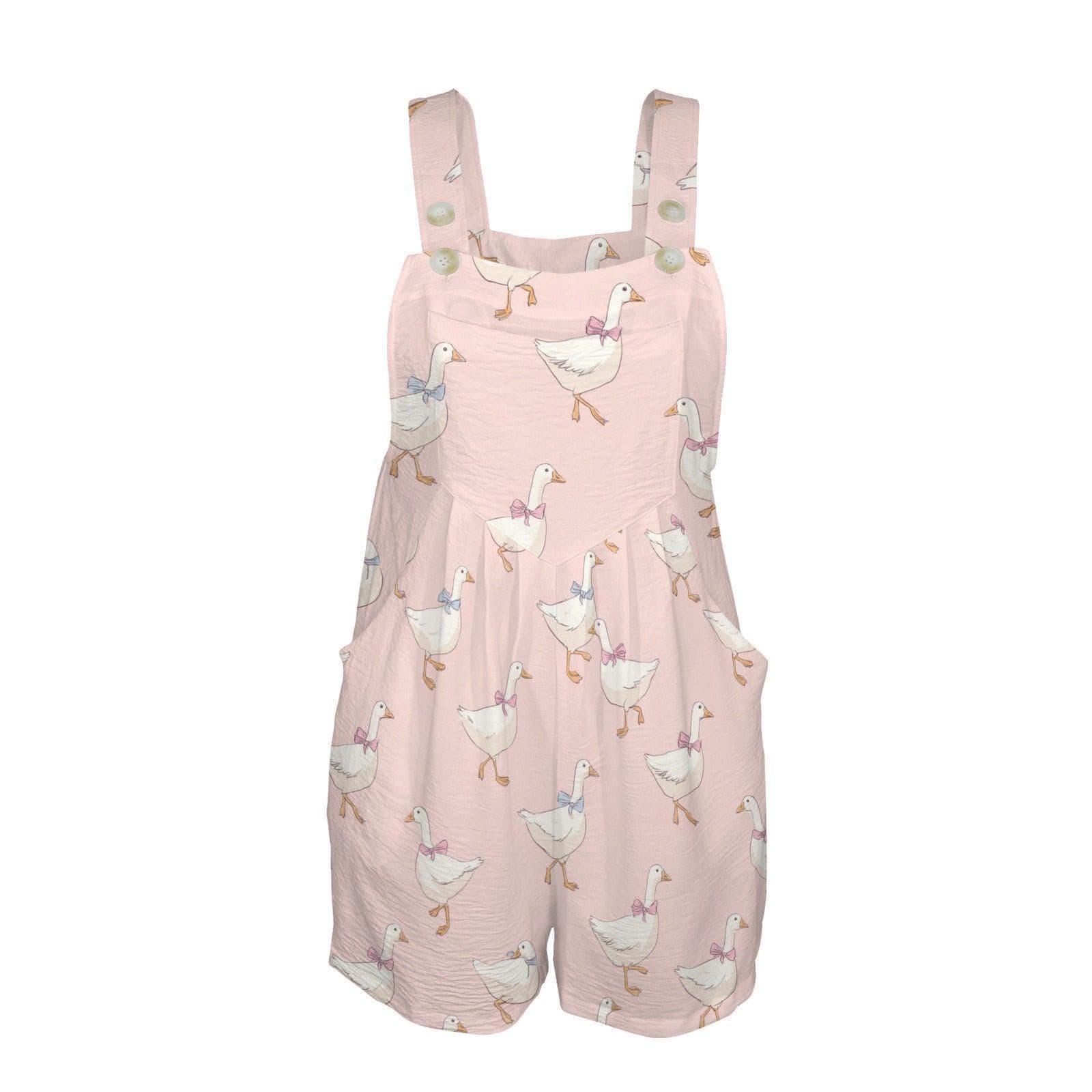 Blush Pink Goose Print Romper, Cottagecore Bow Shortall with Pockets