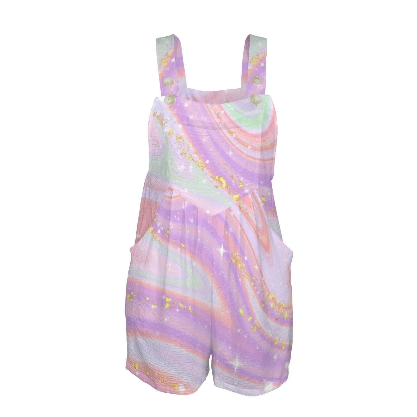 Pastel Galaxy Shortalls, Iridescent Swirl Summer Romper, Square Neck Pockets