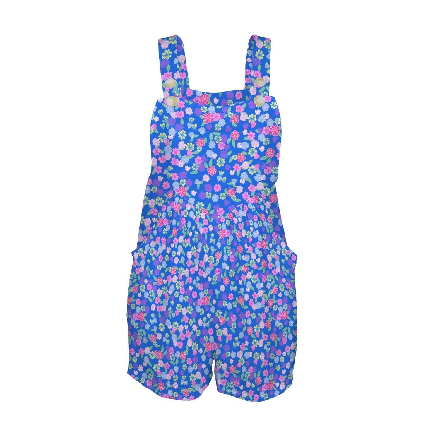 Blue Ditsy Floral Romper, Women's Shortalls with Pockets, Spring Garden Playsuit