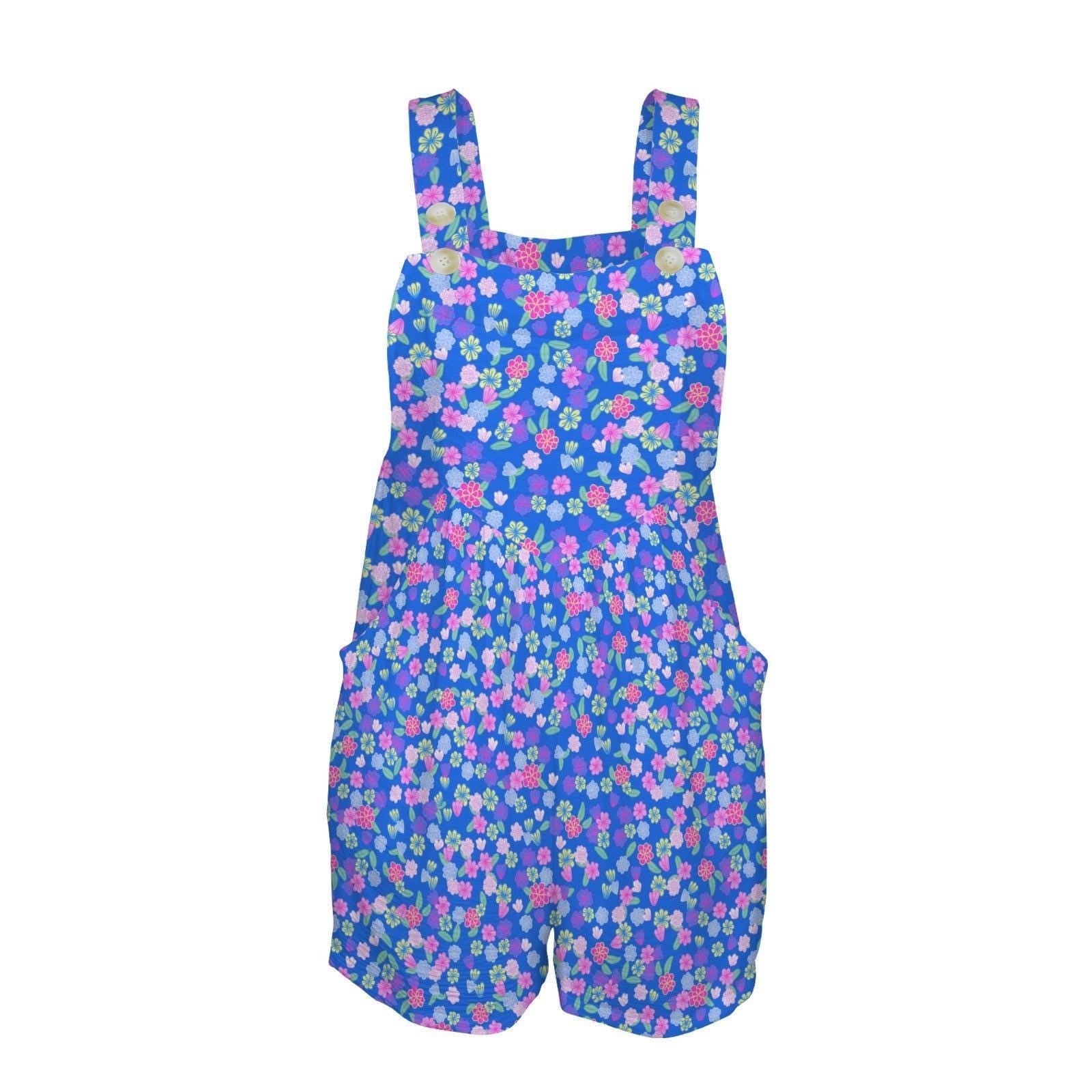 Blue Ditsy Floral Romper, Women's Shortalls with Pockets, Spring Garden Playsuit