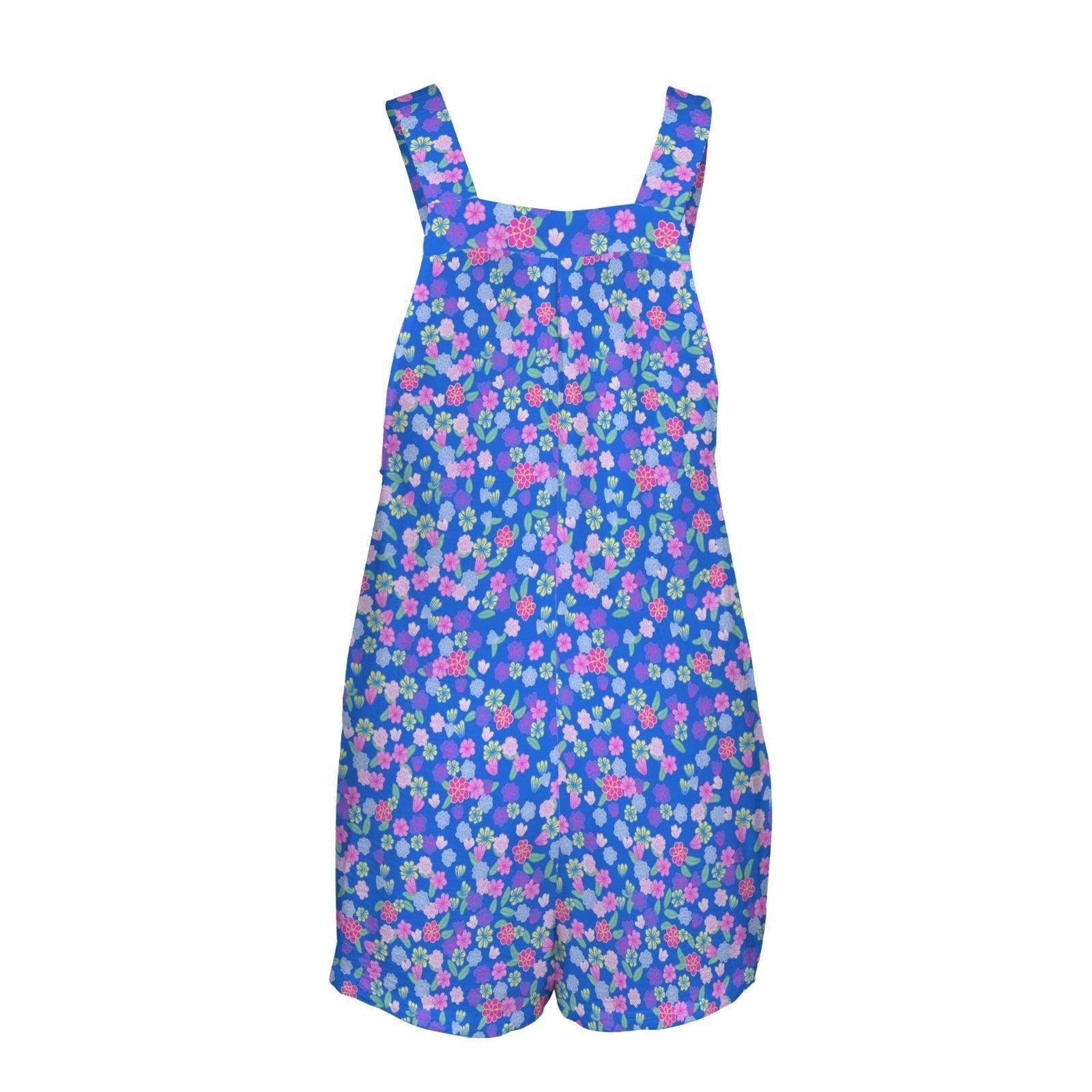Blue Ditsy Floral Romper, Women's Shortalls with Pockets, Spring Garden Playsuit