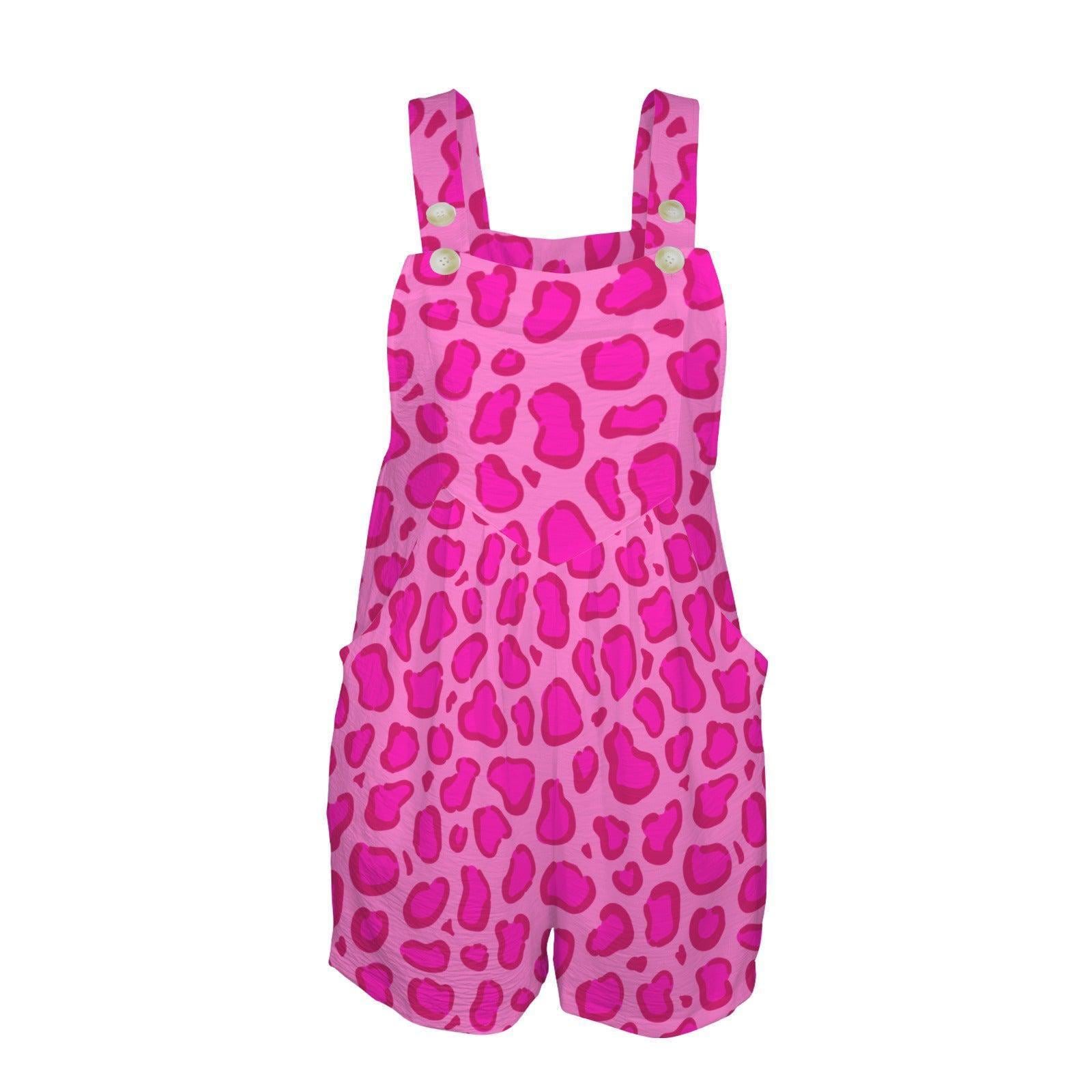 Hot Pink Leopard Print Shortalls Romper, Women's Vacation Playsuit, Bachelorette Outfit