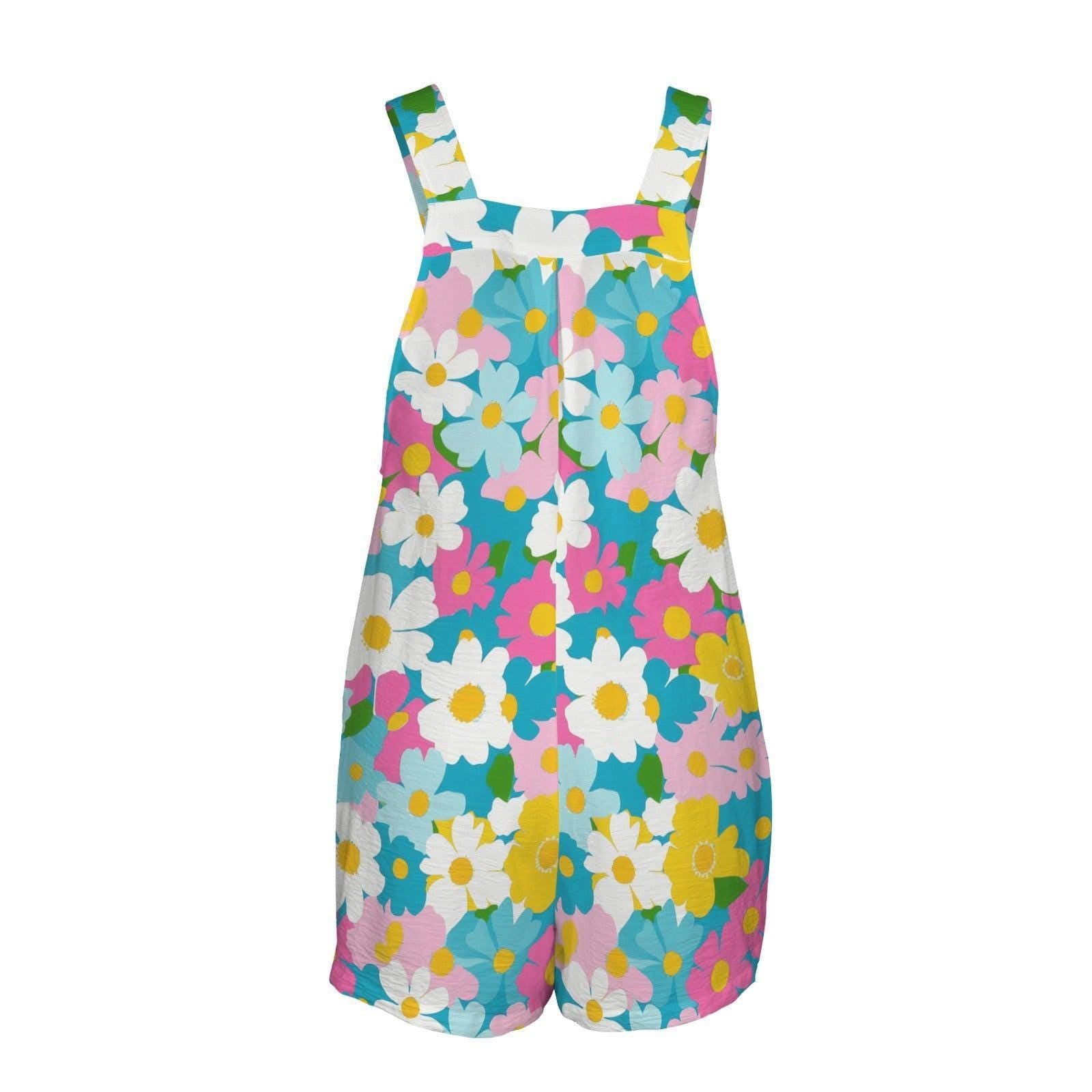 Colorful Daisy Shortalls Romper, Retro Mod Floral Vacation Outfit