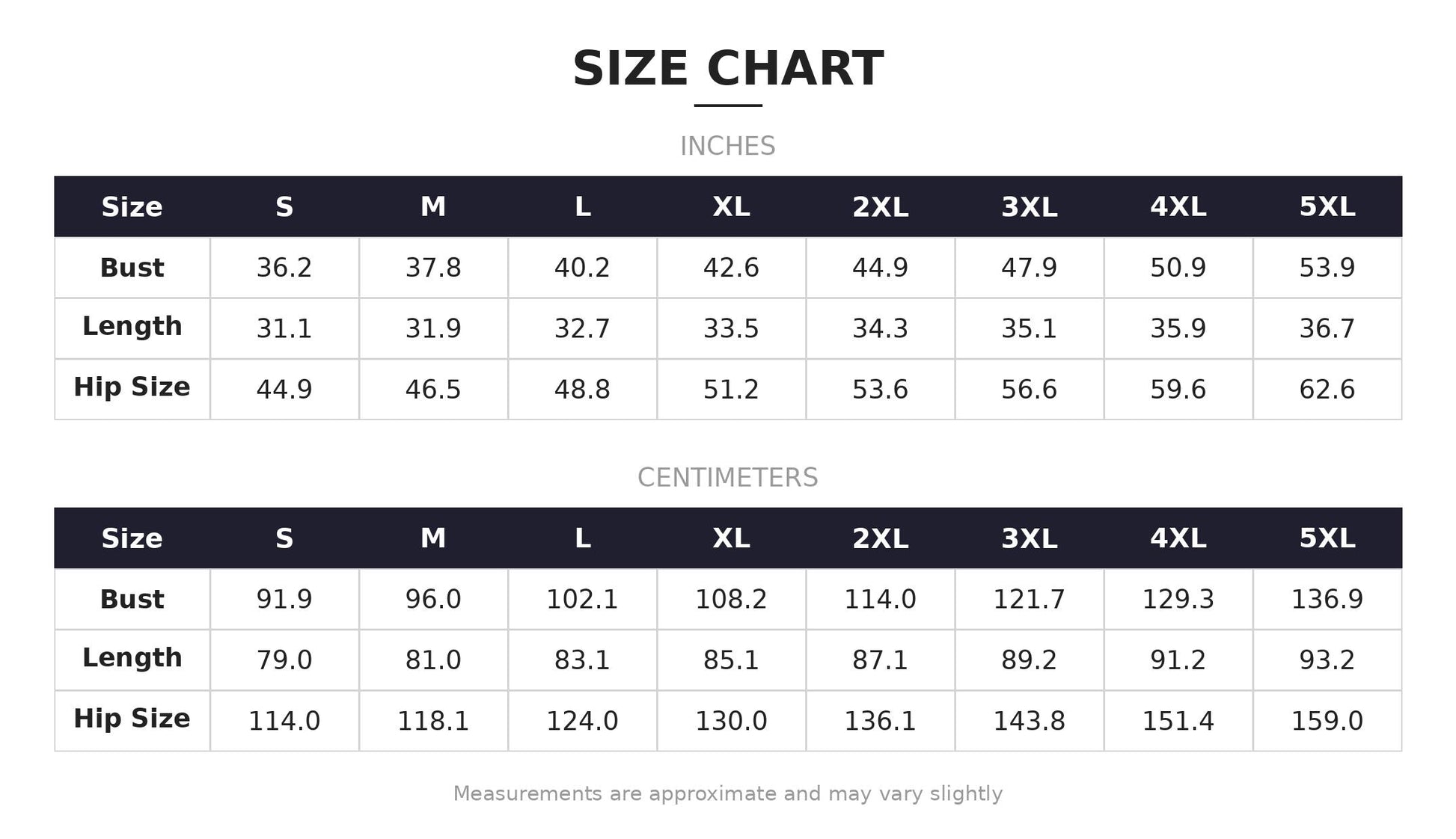 a size chart with measurements for bust, length, hip size, and waist. The chart provides the corresponding measurements in inches for each size category. The measurements are approximate and may vary slightly.
