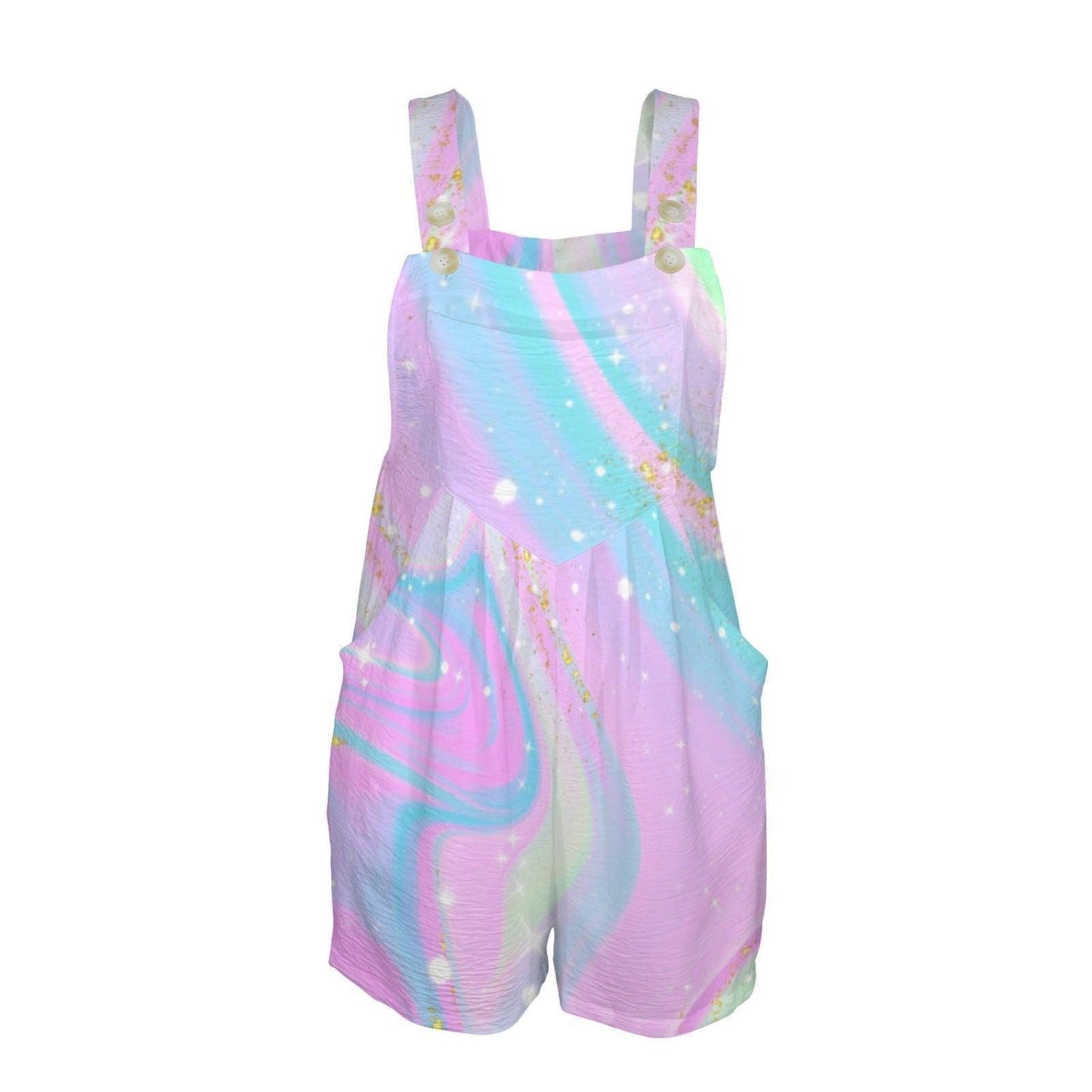 Pastel Marble Shortall Romper, Abstract Galaxy Print, Square Neck Playsuit, Pockets