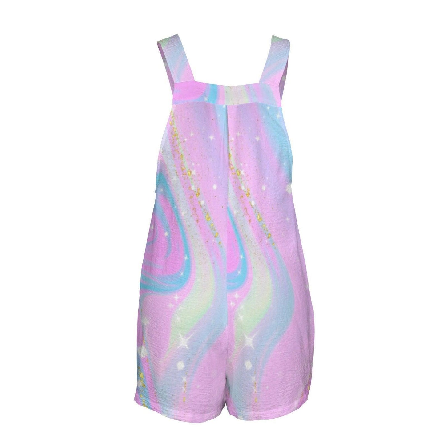 Pastel Marble Shortall Romper, Abstract Galaxy Print, Square Neck Playsuit, Pockets