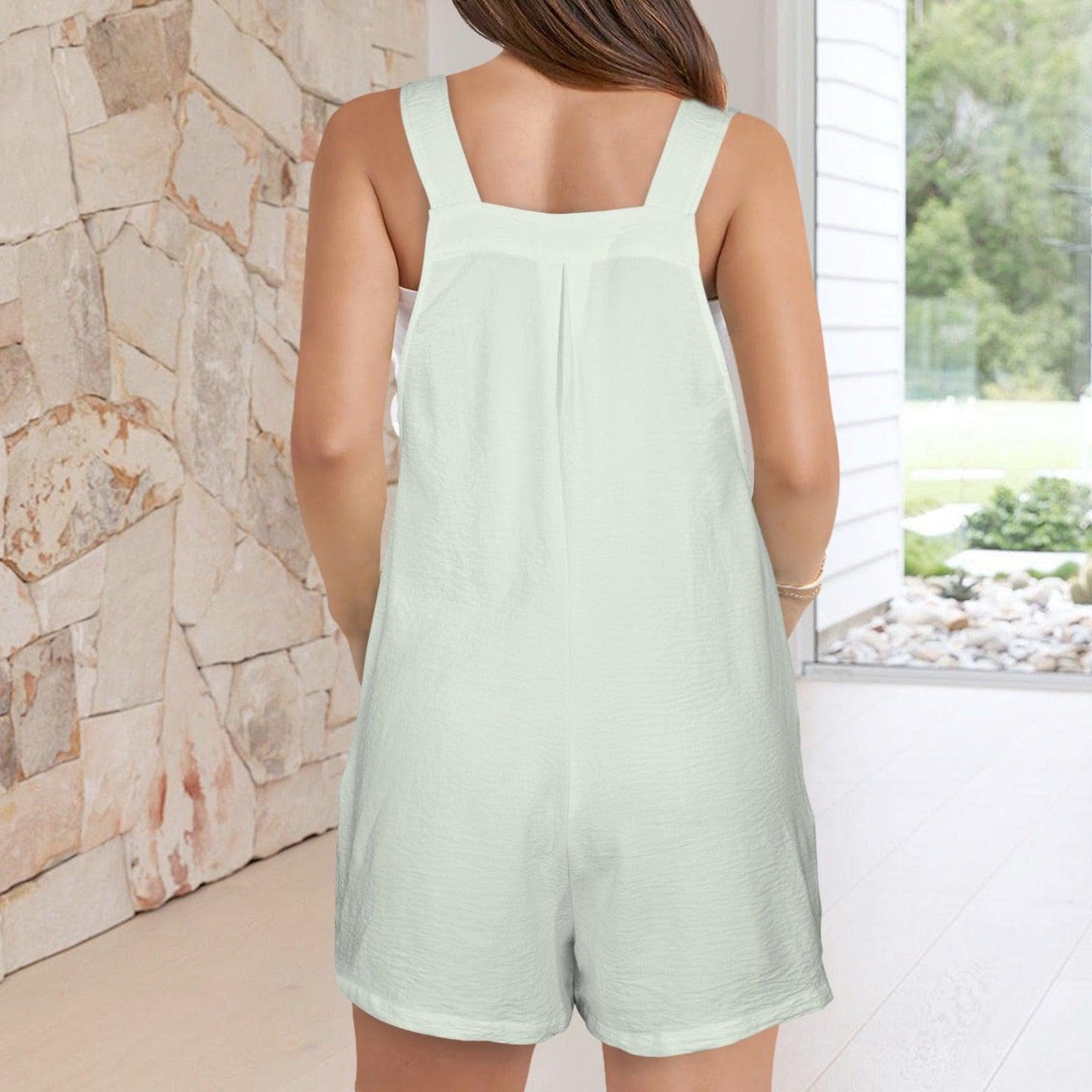 Sage Green Square Neck Romper, Sleeveless Bib Shortalls with Pockets