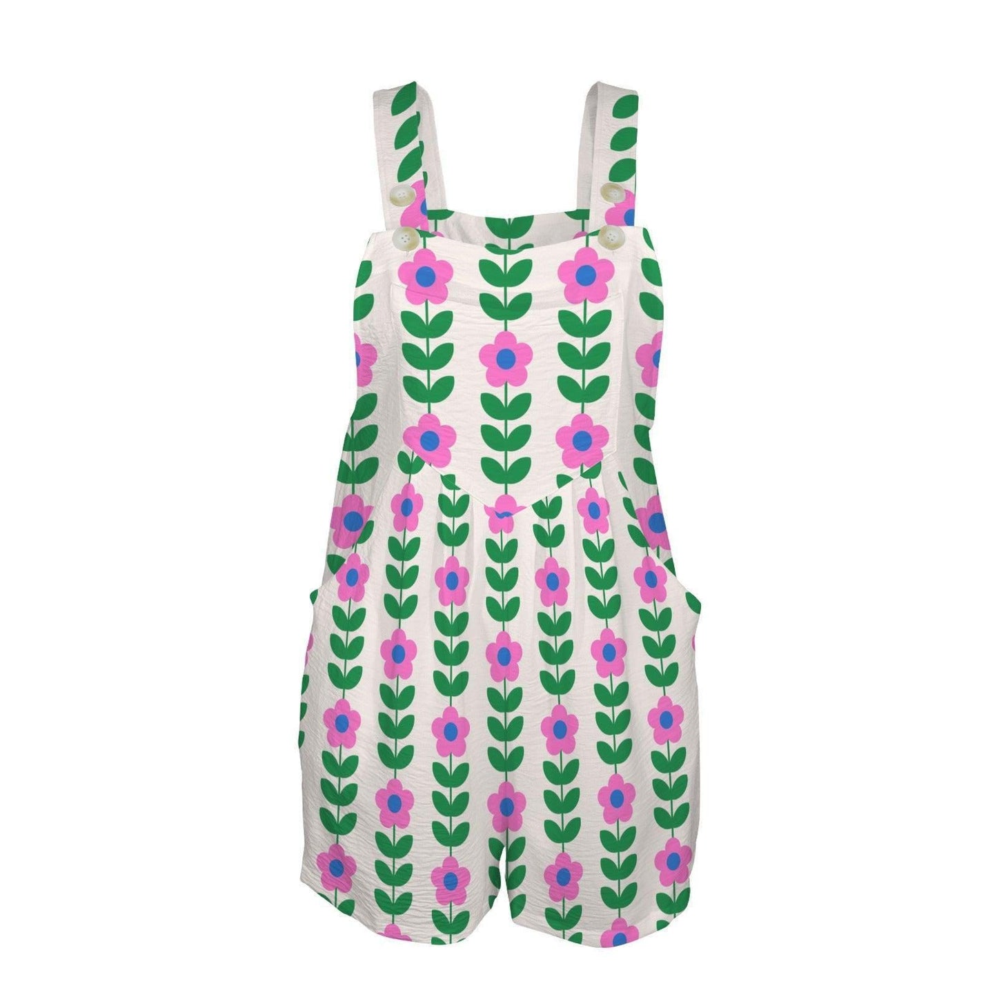 Mod Floral Shortall Romper, Pink Daisy Pocket Playsuit, Retro Scandinavian Summer Outfit for Women