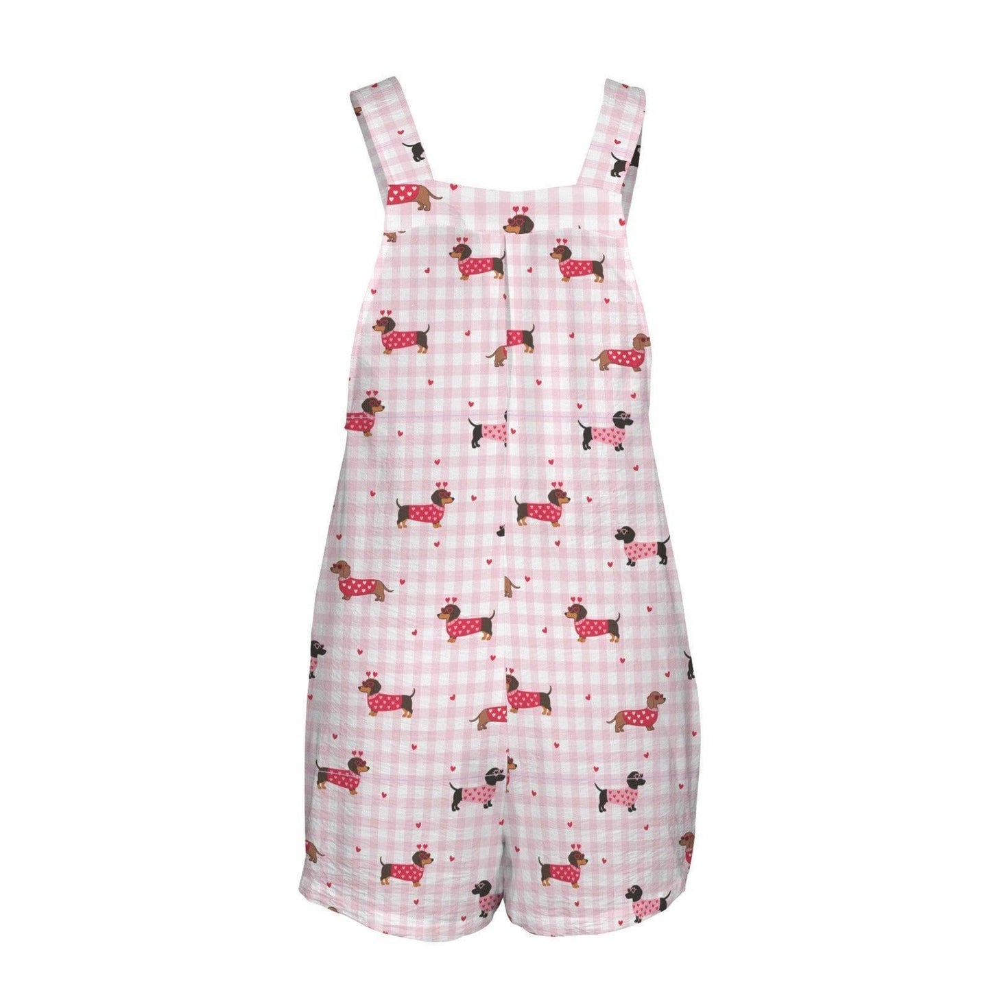 Pink Gingham Dachshund Romper, Puppy Print Shortalls with Pockets, Dog Mom Summer Outfit