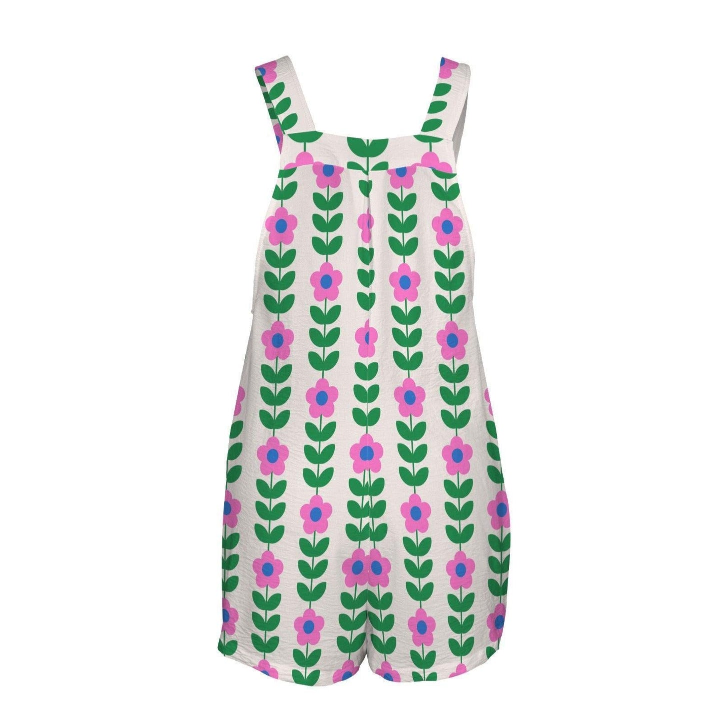 Mod Floral Shortall Romper, Pink Daisy Pocket Playsuit, Retro Scandinavian Summer Outfit for Women