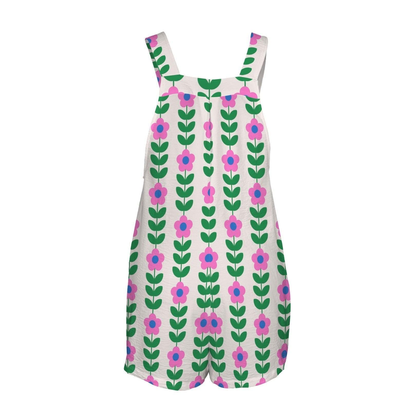 Mod Floral Shortall Romper, Pink Daisy Pocket Playsuit, Retro Scandinavian Summer Outfit for Women