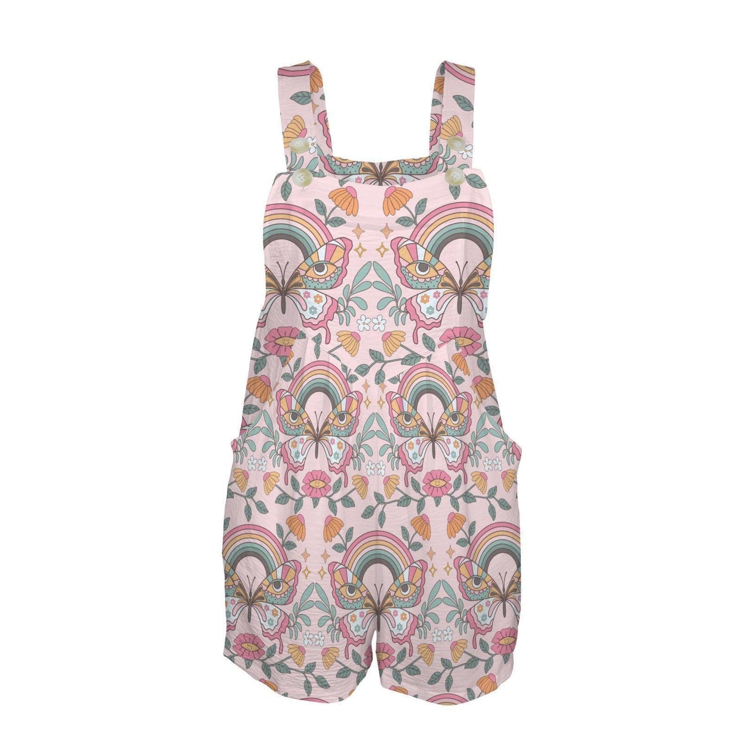 Boho Butterfly Rainbow Romper, Pink Floral Shortall, Retro Folk Art Playsuit