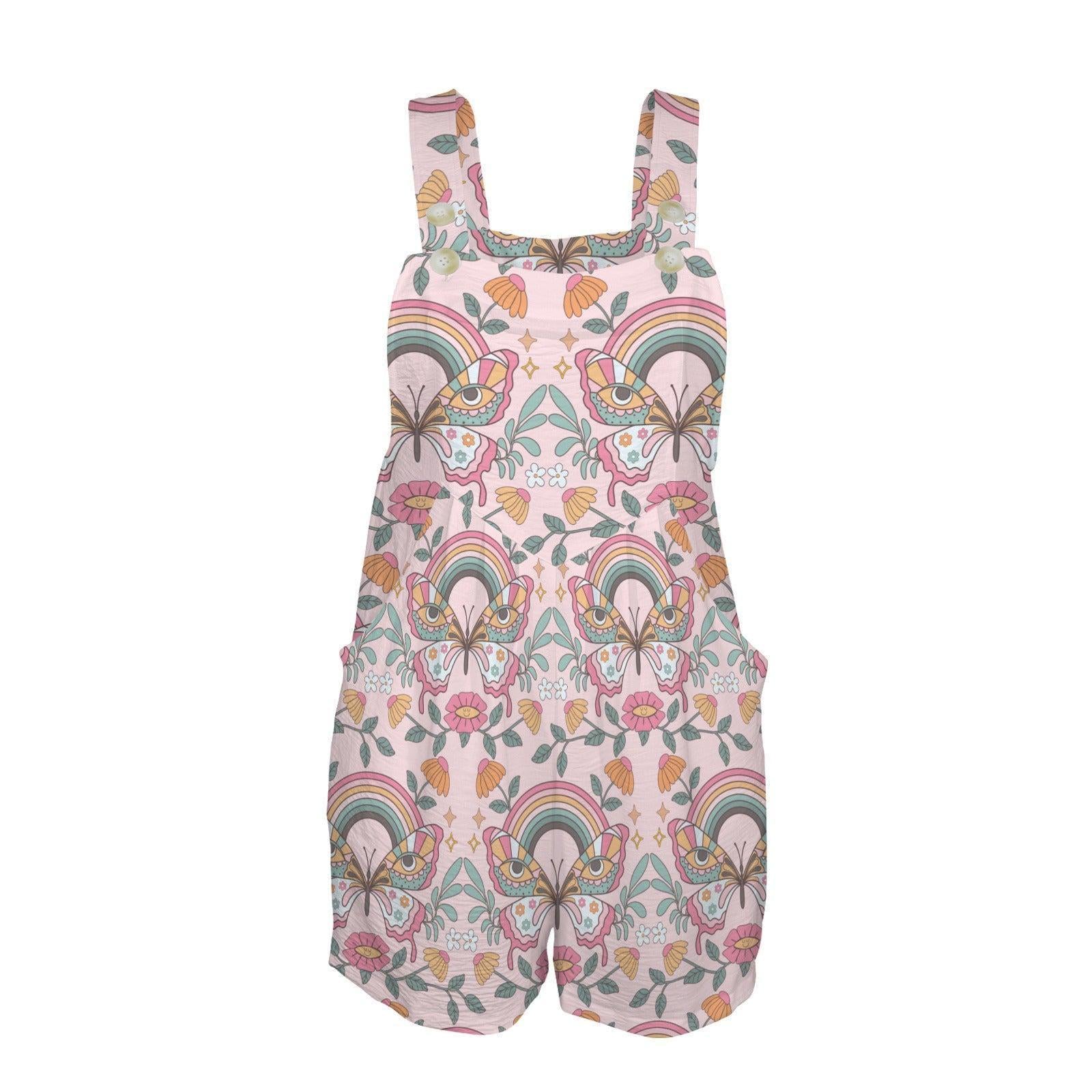 Boho Butterfly Rainbow Romper, Pink Floral Shortall, Retro Folk Art Playsuit
