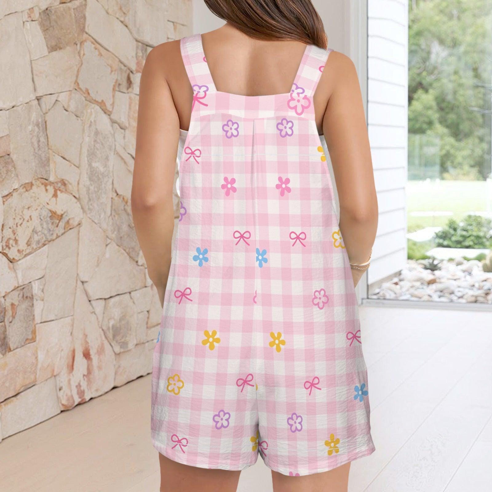 Pink Gingham Overall Romper, Bow Flower Shortalls, Pastel Picnic Outfit