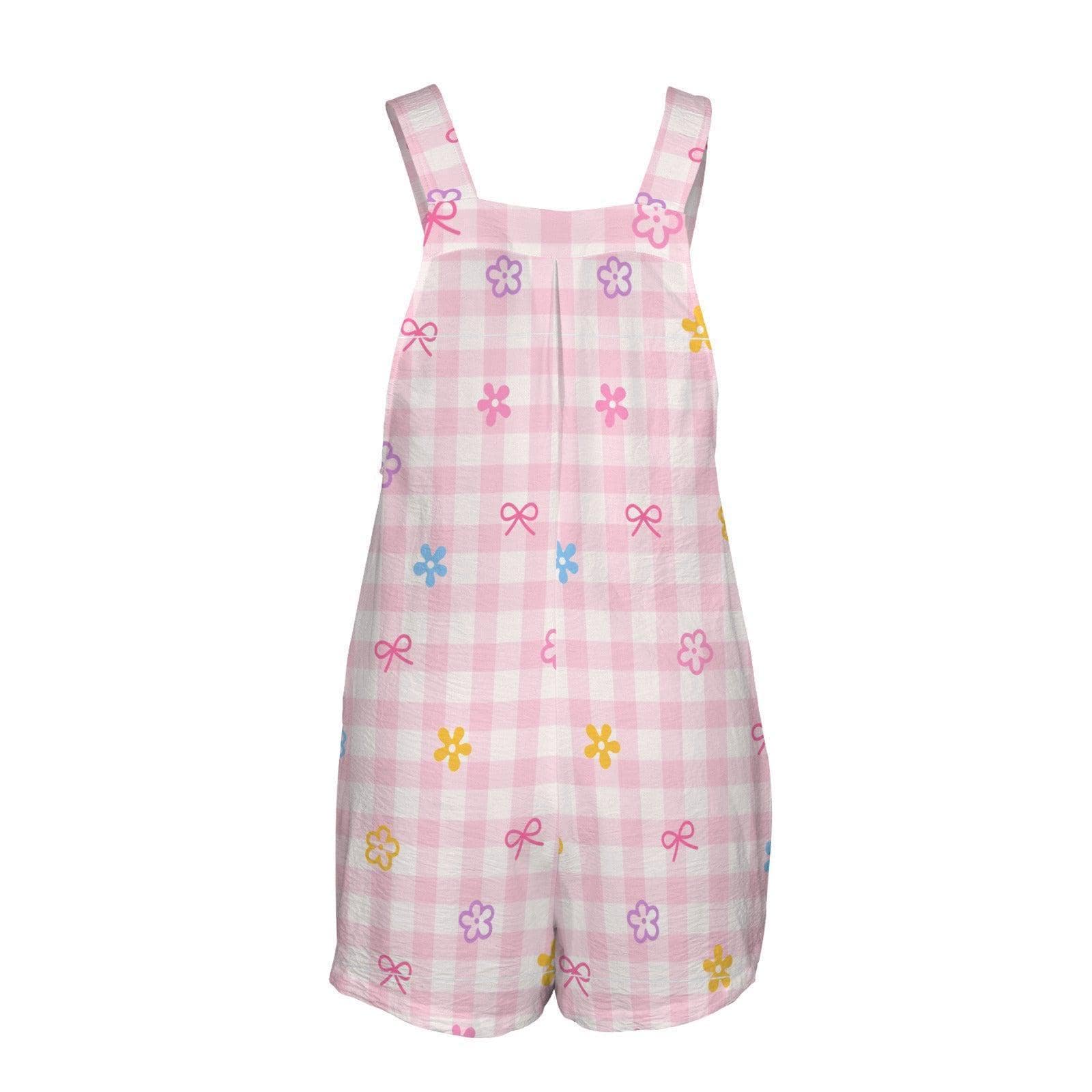 Pink Gingham Overall Romper, Bow Flower Shortalls, Pastel Picnic Outfit