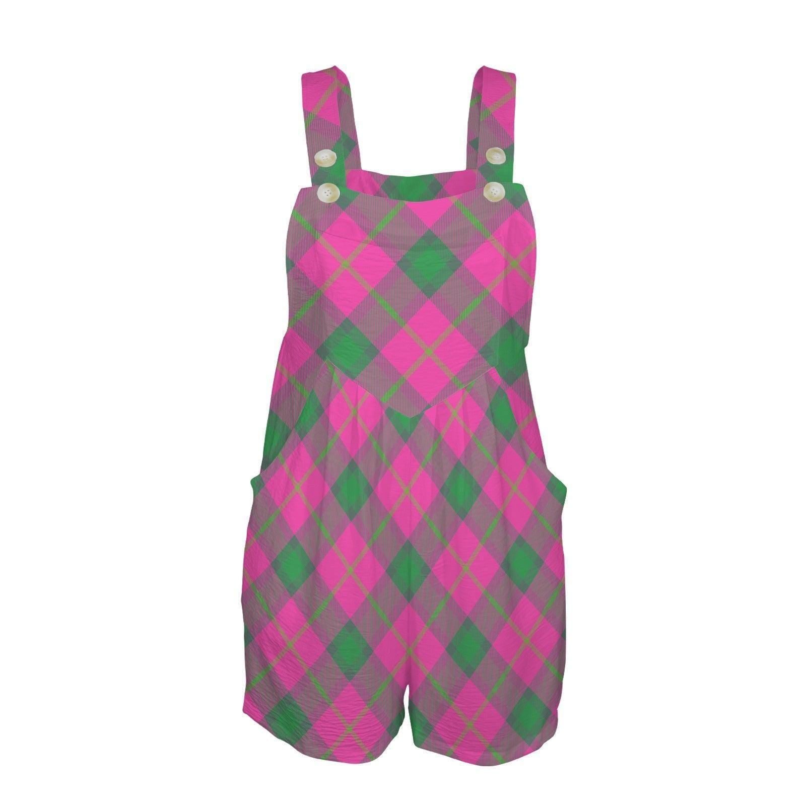 Pink Green Argyle Romper, Women's Plaid Shortalls, Golfcore Playsuit with Pockets