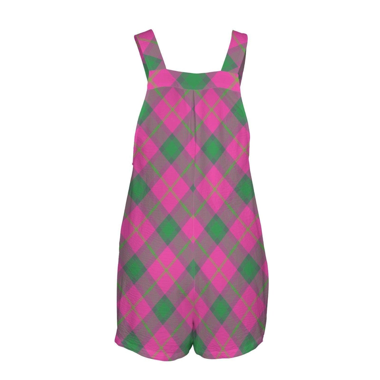 Pink Green Argyle Romper, Women's Plaid Shortalls, Golfcore Playsuit with Pockets