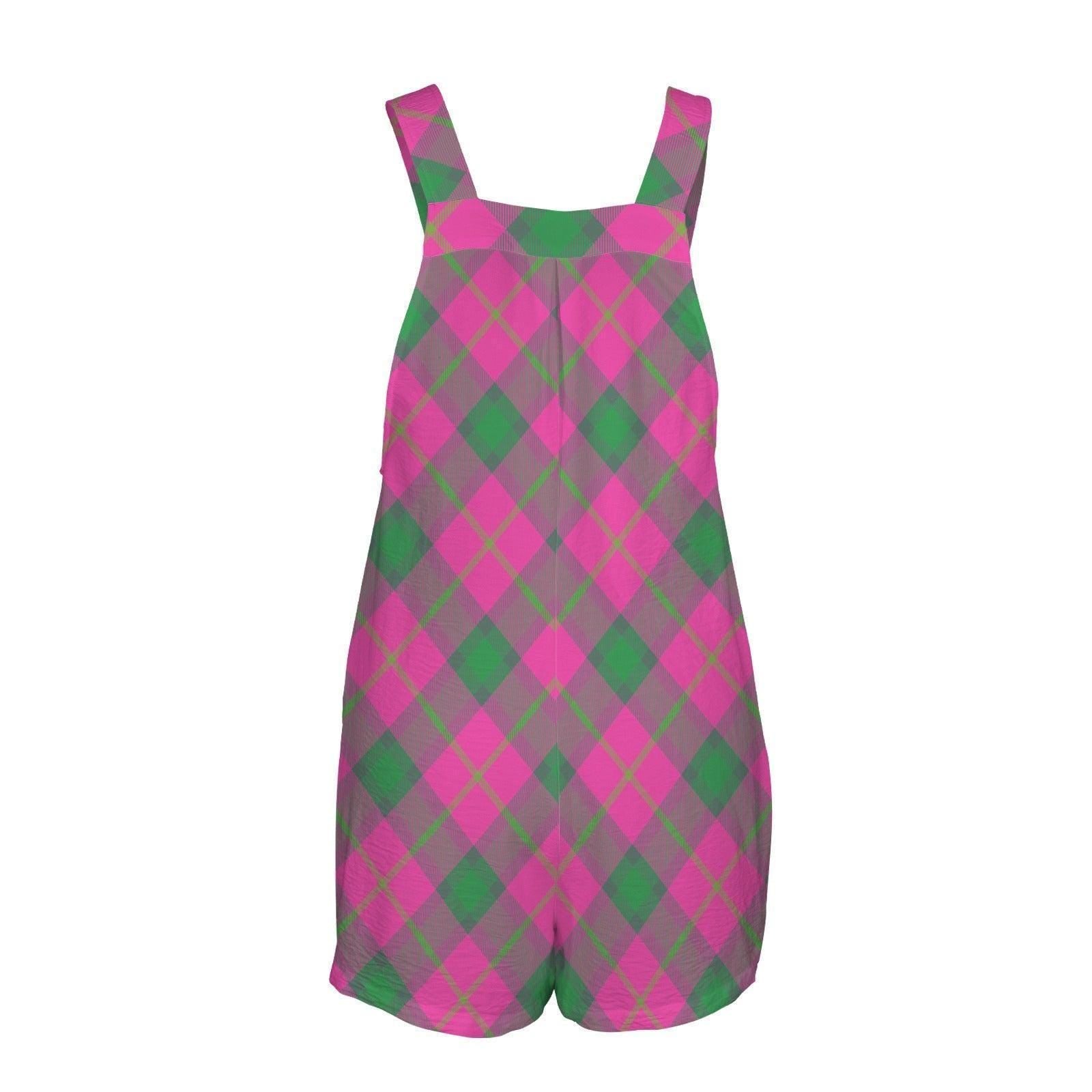 Pink Green Argyle Romper, Women's Plaid Shortalls, Golfcore Playsuit with Pockets