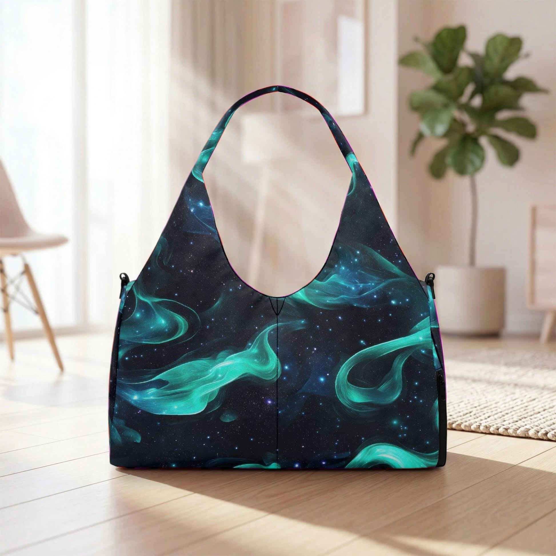 A handbag with a vibrant, space-themed design is displayed on a wooden floor, with a potted plant visible in the background.