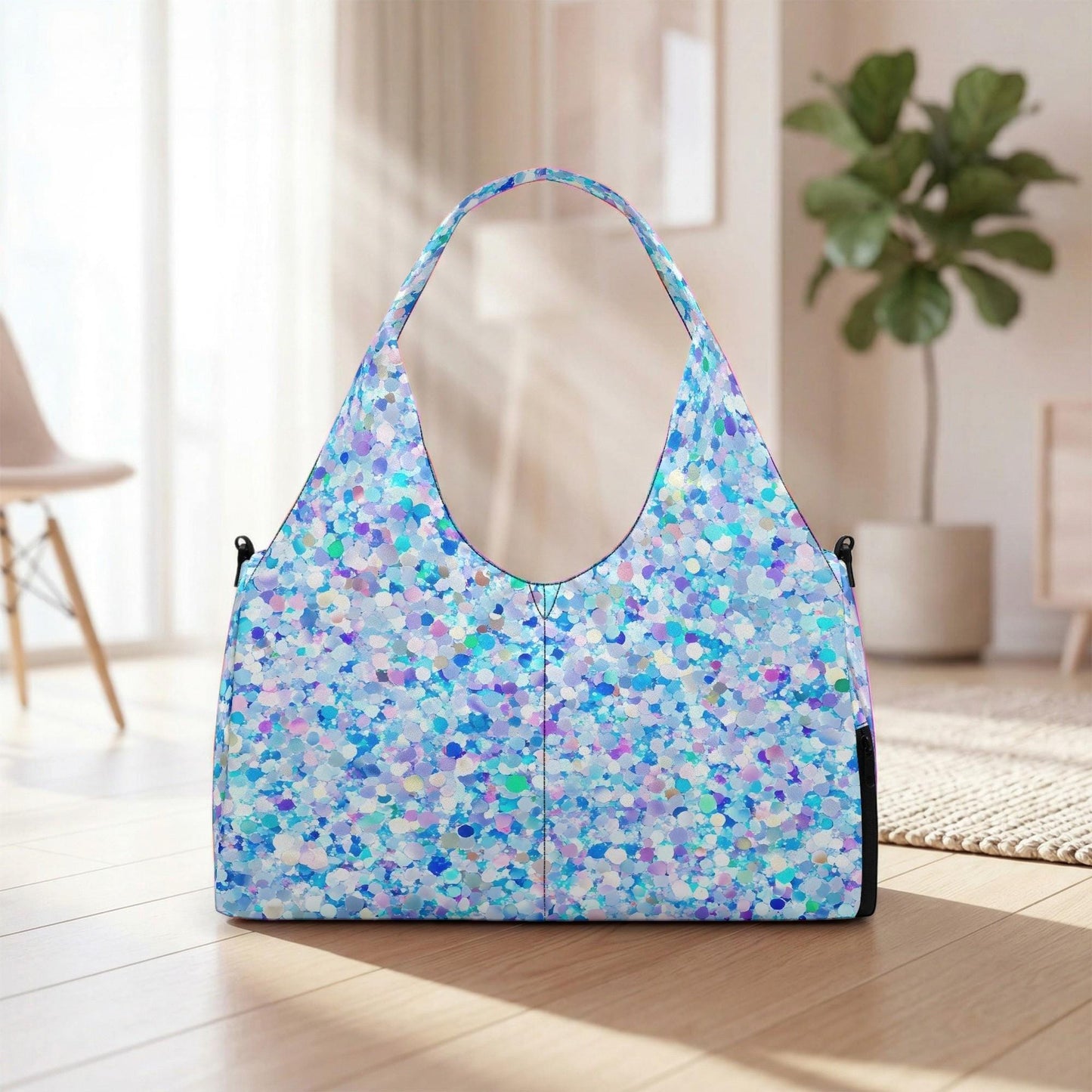 A colorful, patterned handbag with a unique design sits on a wooden floor in a room with a plant and a chair visible in the background.