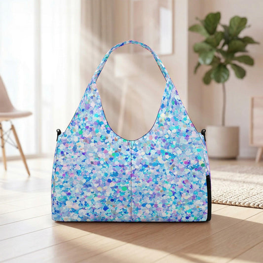 A colorful, patterned handbag with a unique design sits on a wooden floor in a room with a plant and a chair visible in the background.
