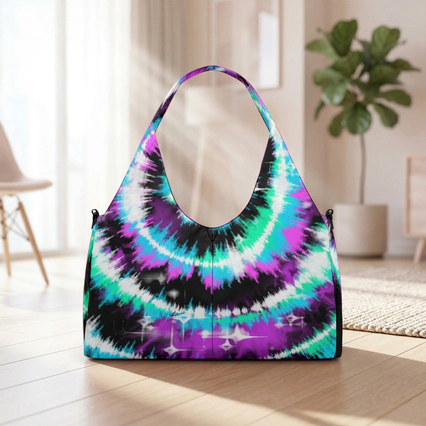 A colorful, tie-dye handbag with a vibrant pattern of purple, green, blue, and white colors is displayed on a wooden floor in a room with a potted plant in the background.