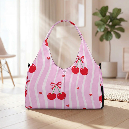 A pink handbag with a striped pattern and red cherries is displayed on a wooden floor in a room with a potted plant in the background.