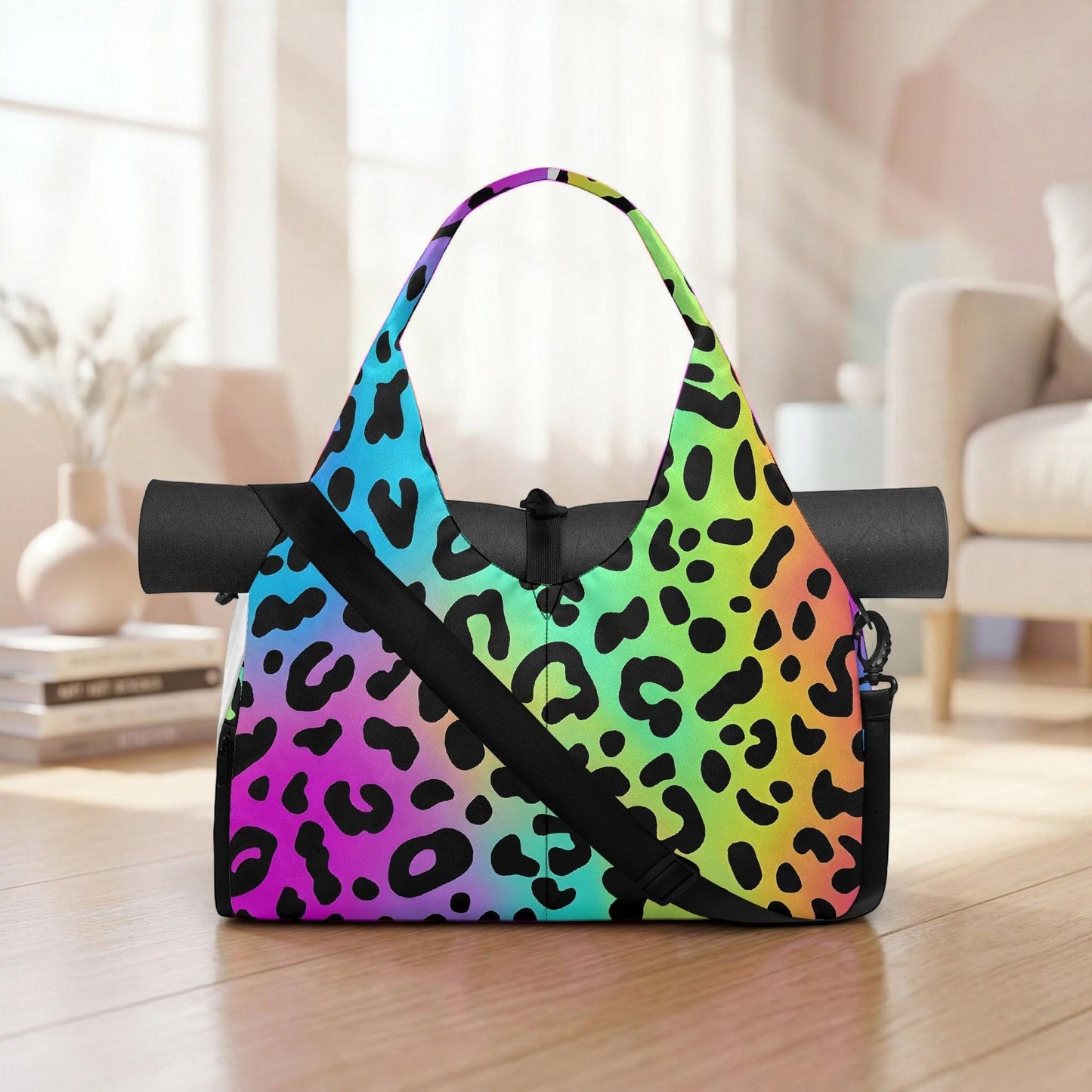 A colorful leopard print yoga bag with a vibrant rainbow pattern is displayed on a wooden floor in a room with a white couch and a vase.