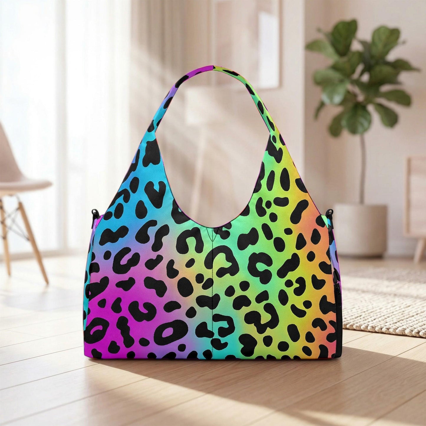 A colorful leopard print handbag with a vibrant rainbow pattern is displayed on a wooden floor in a room with a potted plant in the background.