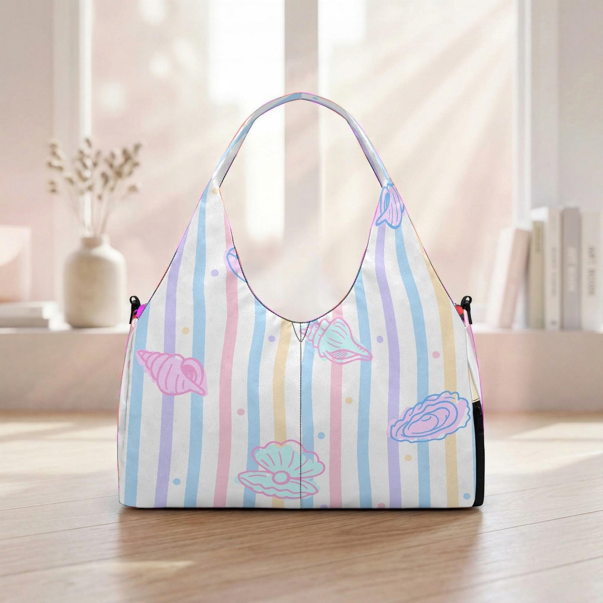 A colorful striped handbag with seashell and starfish designs is displayed on a wooden surface, with a window and bookshelf visible in the background.