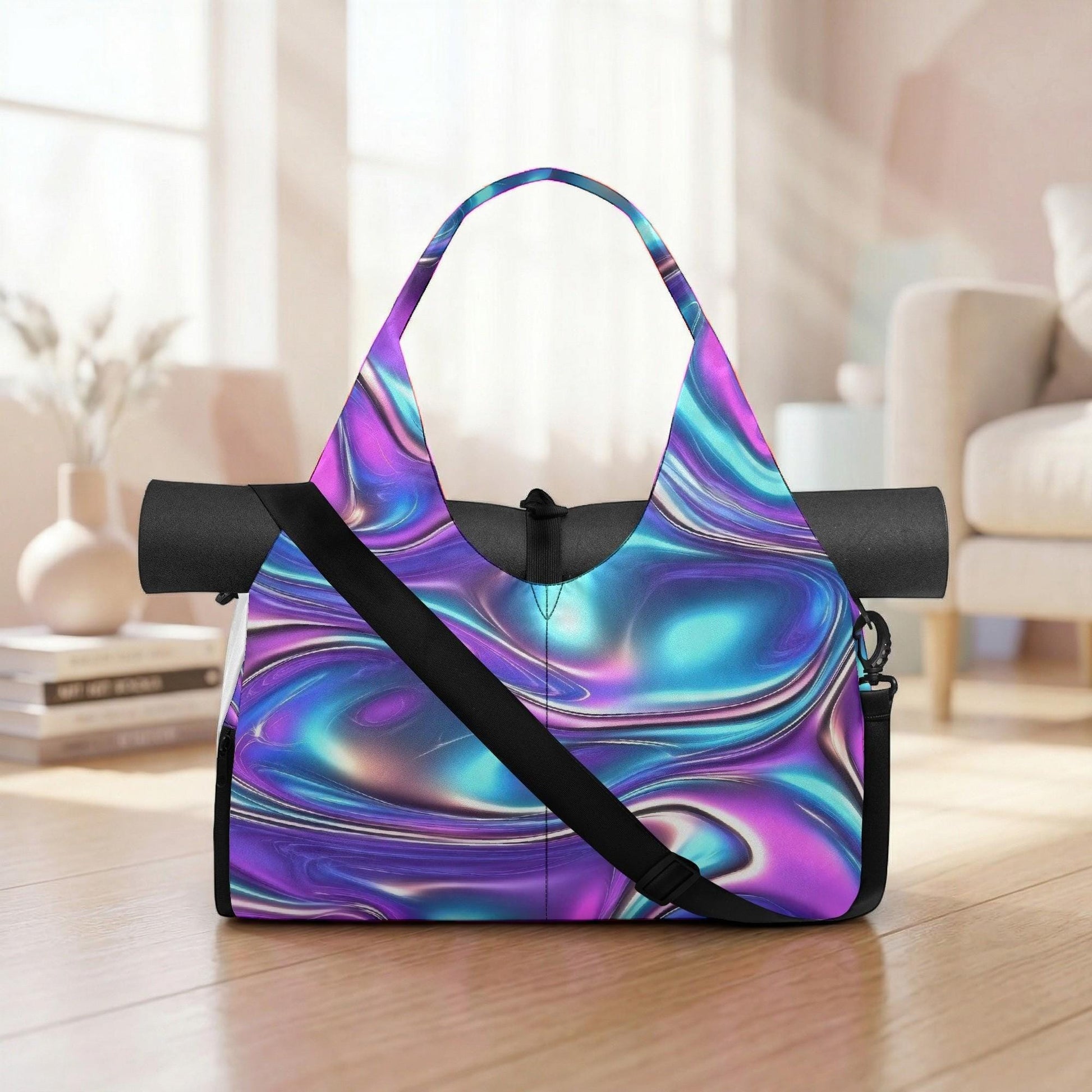 A colorful, abstract-patterned tote bag with a black strap is displayed on a wooden floor in a room with a window and a white couch.